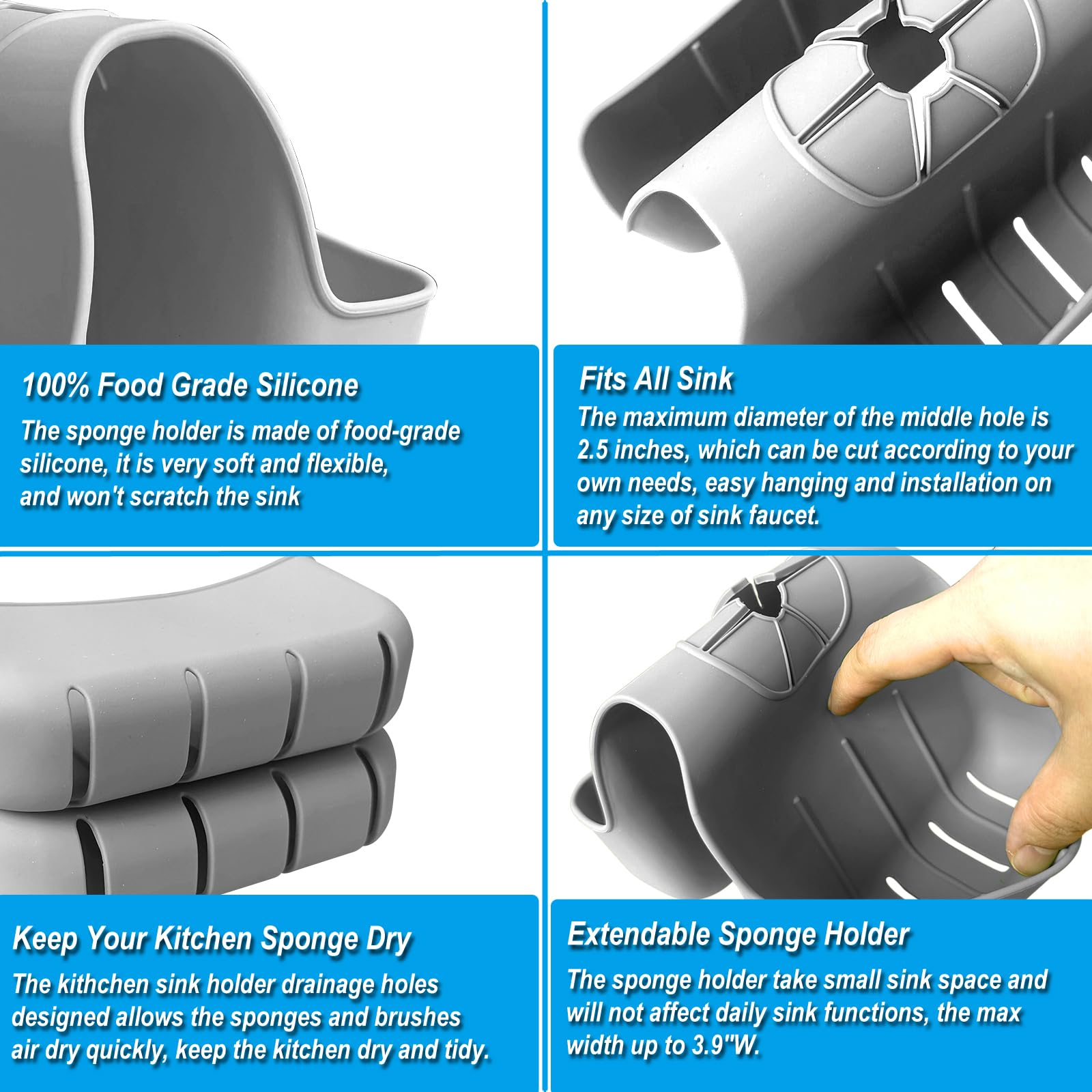 Porte-éponge pour évier de cuisine, support de selle d'évier en silicone, support d'éponge sur robinet, organiseur de cuisine à suspendre – Gris