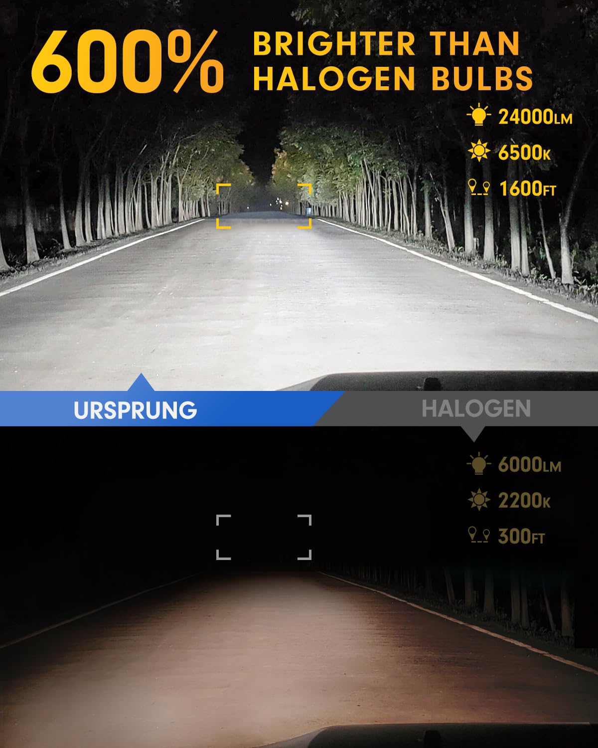Ursprung Fahren 2025 9004/HB1 Bulb, Super Bright 9004 Bulb, Plug-N-Play 1:1 Size Halogen Replacement, All in One design Dual Beam, 99% Canbus Ready, 6500K Cool White, Pack of 2