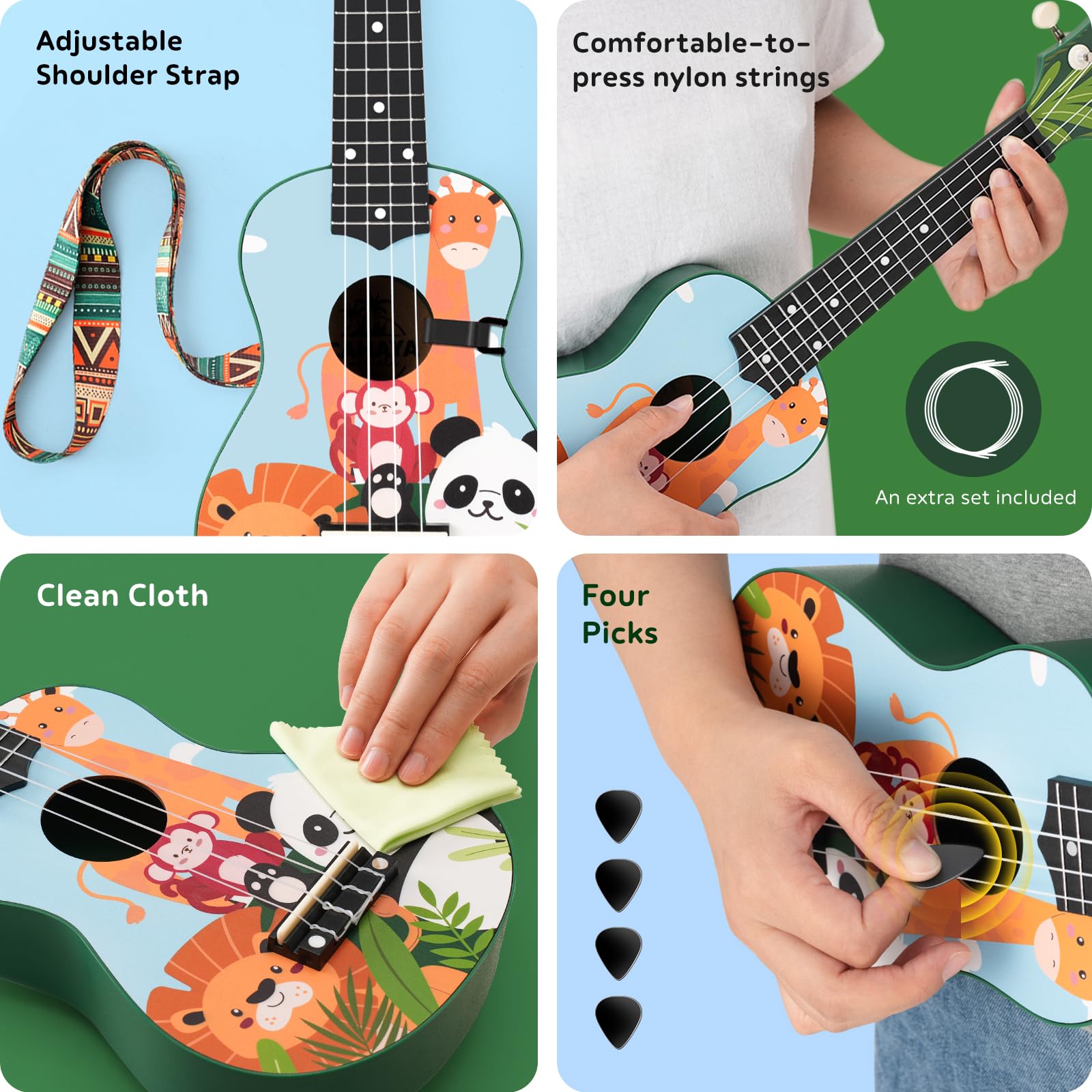CAHAYA Ukulele soprano con custodia per adulti appassionati: ukulele in tiglio con macchina geared, cinghia, note, corde, panno per la pulizia, 4 plettri, zoo da 21 pollici