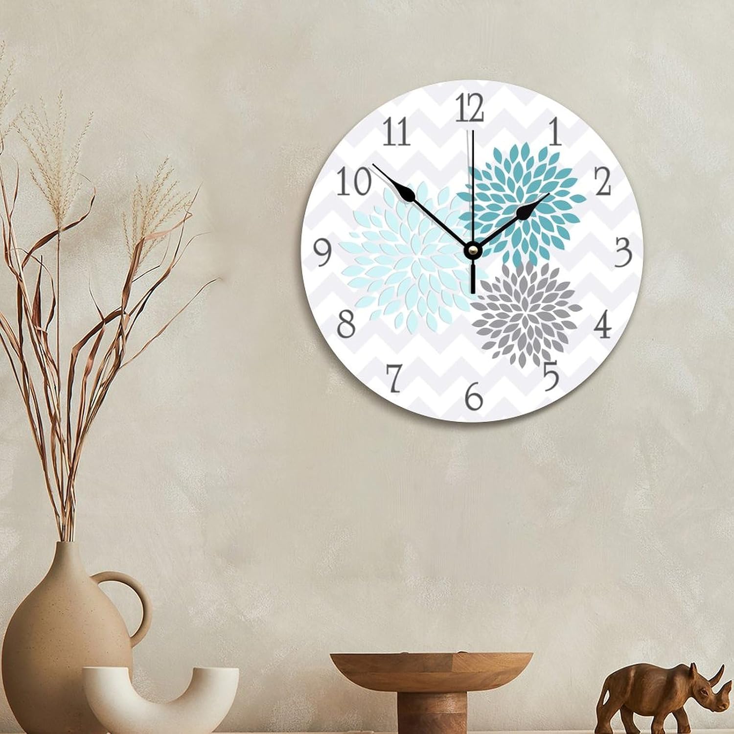 ArogGeld Dahlia Flower Clock Teal Aqua Grey Round Decorative Clocks Battery Operated 12 Inch Silent Non-Ticking Modern Hanging Clock for Bedroom Living Room Farmhouse Wall Decor