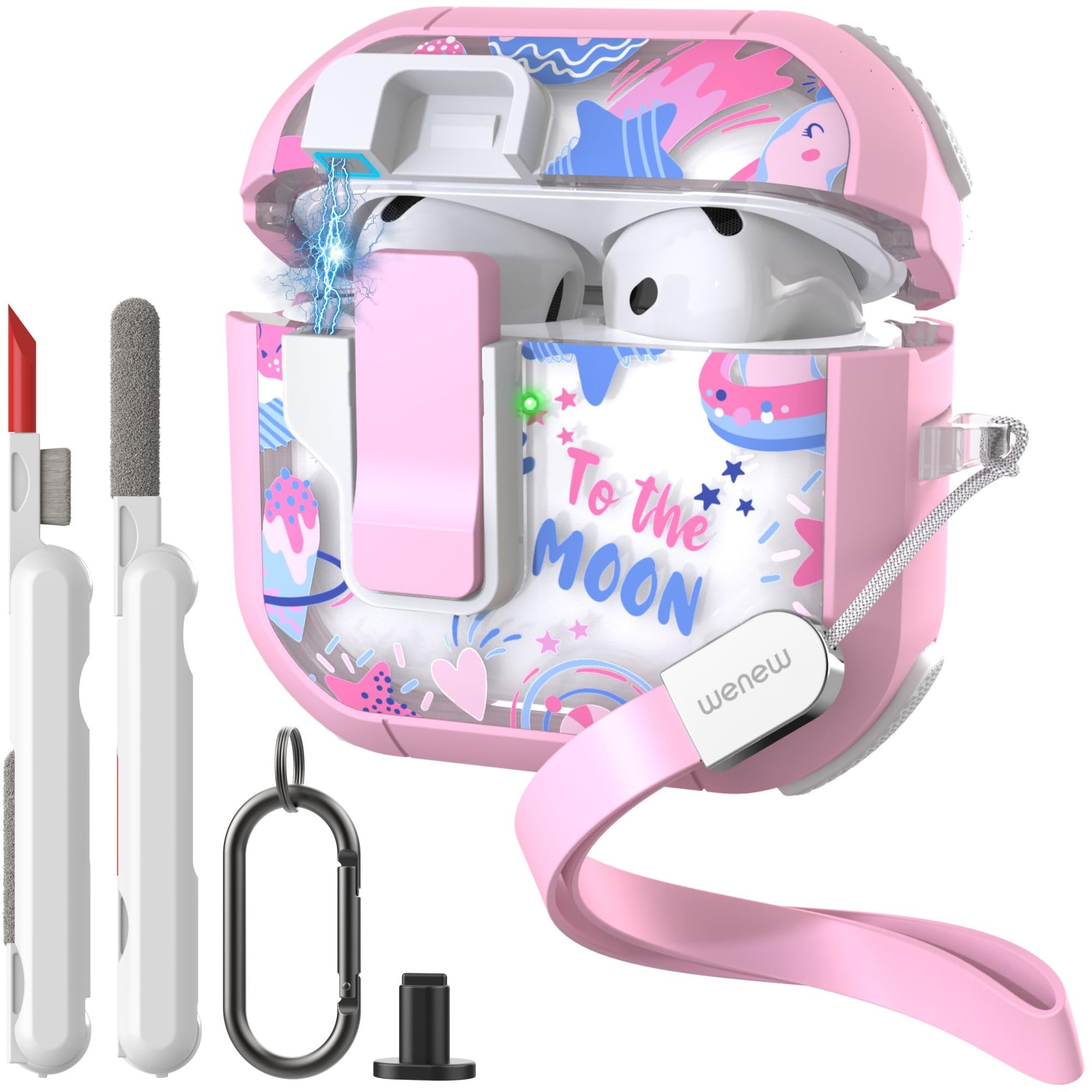 WENEW Case for AirPods 4th Case Cover Secure Lock Automatic Snap Switch Clip Cleaner Kit Lanyard Women Stylish Flower Armour Hard Shell Full Body