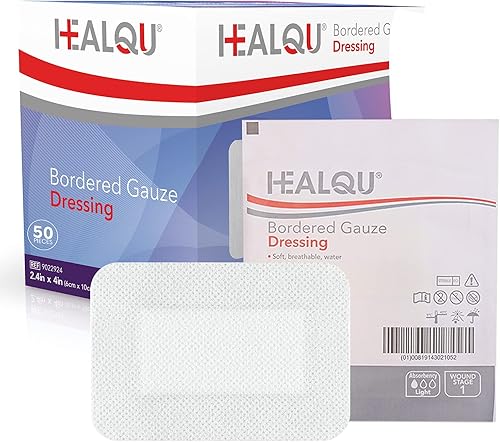 HEALQU Aderezo de gasa con bordes, 50 unidades, almohadillas de gasa estériles envueltas individualmente de 2.4 x 4 pulgadas con respaldo resistente