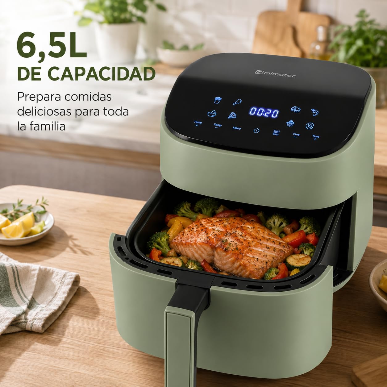 Iluminashop - Air Fryer Line Green Touch 6,5L, Freidora de Aire sin Aceite, 1600W, 8 Menús Digitales, Pantalla Táctil,Función Grill, Temporizador regulable, Temperatura 80-200°C, Fácil y Saludable