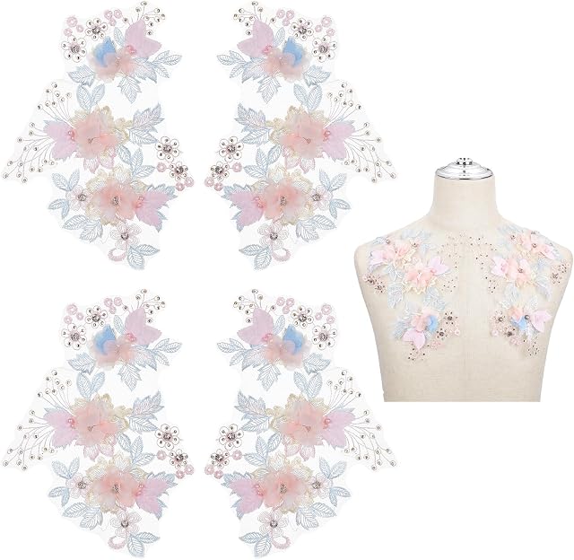 PLIGREAT 4 Pcs Floral Embroidered Mesh Appliques Beaded Rhinestone Flower Applique Patches Sewing On Decorative Fabric Appliques for DIY Wedding Brides Prom Dresses Tailors Shop Clothes Accessories