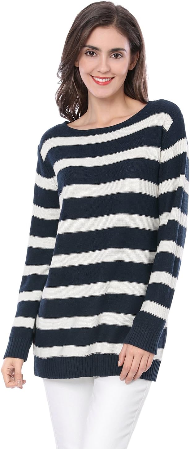 Allegra K Women's Fall Tops 2025 Striped Drop Shoulder Round Neck Long Sleeves Pullover Sweater - Image 3