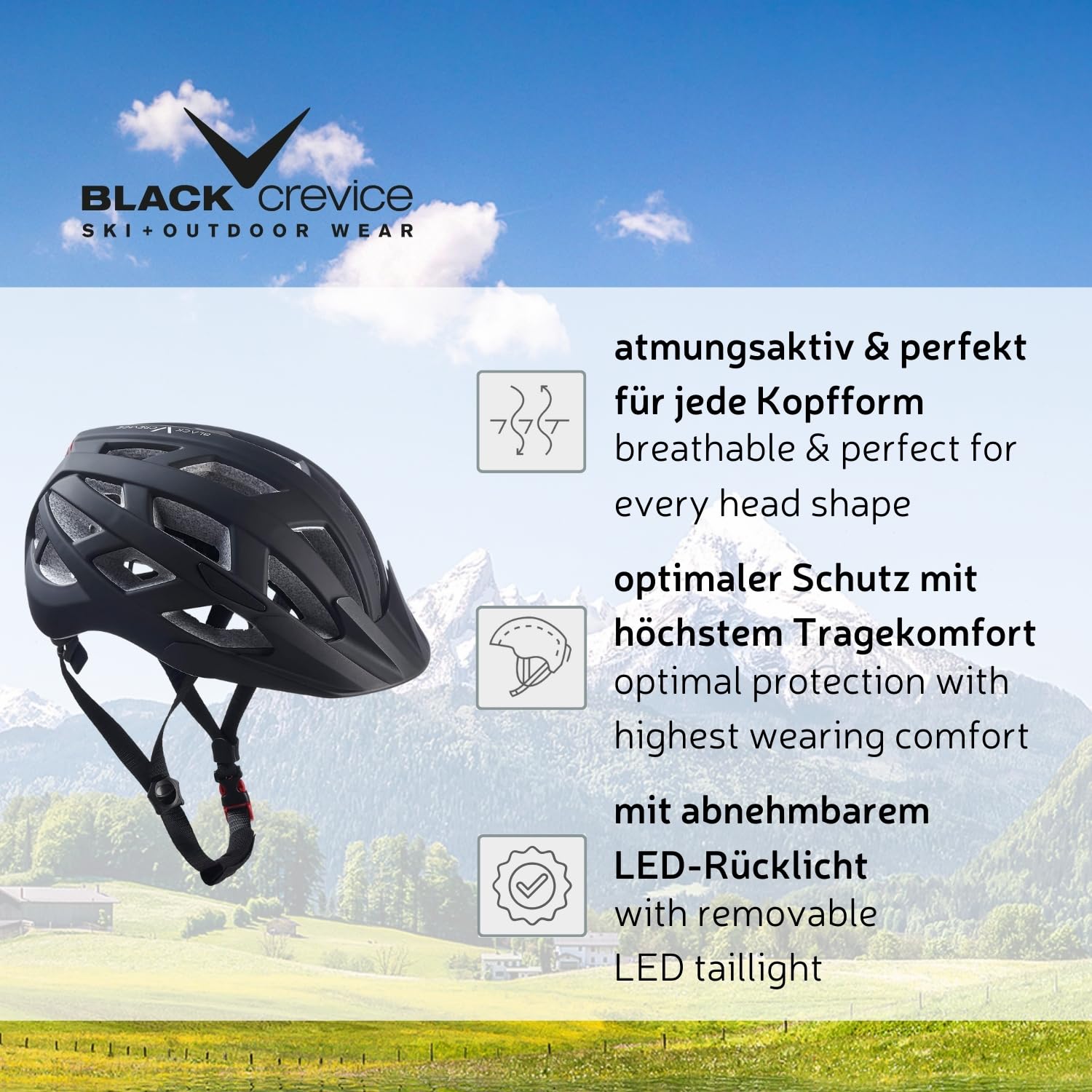 BLACK CREVICE Casco da bicicletta per adulti con luce LED dietro removibile I Casco per bici in diversi colori I Casco per uomo & donna I Casco da bici traspirante