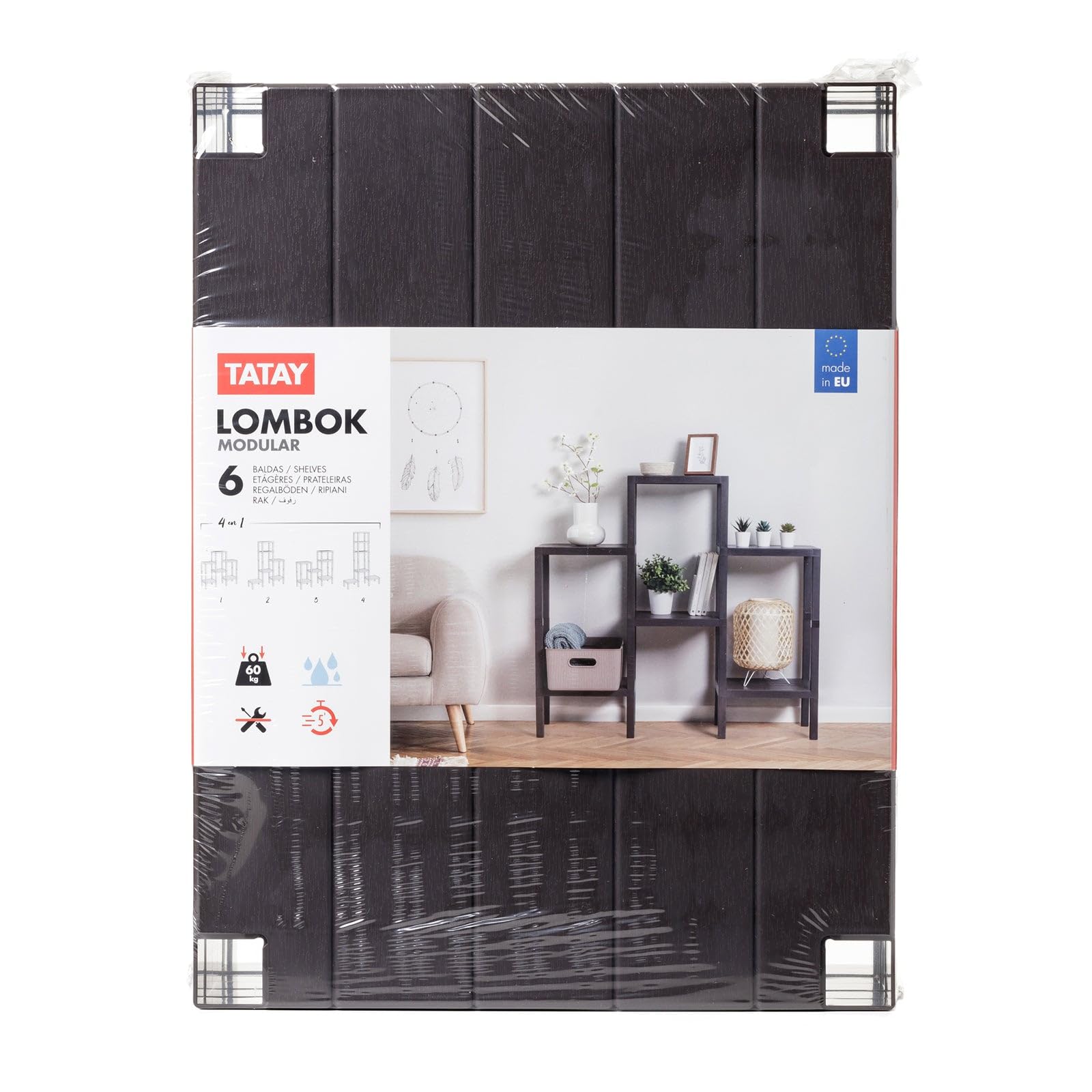 Tatay 1201500 Estantería Lombok Modular, 6 estanterías, de Polipropileno, Libre de BPA, Acabado Efecto Madera, Max 10KG por Balda, Fácil Montaje. Color Marrón, Talla Única