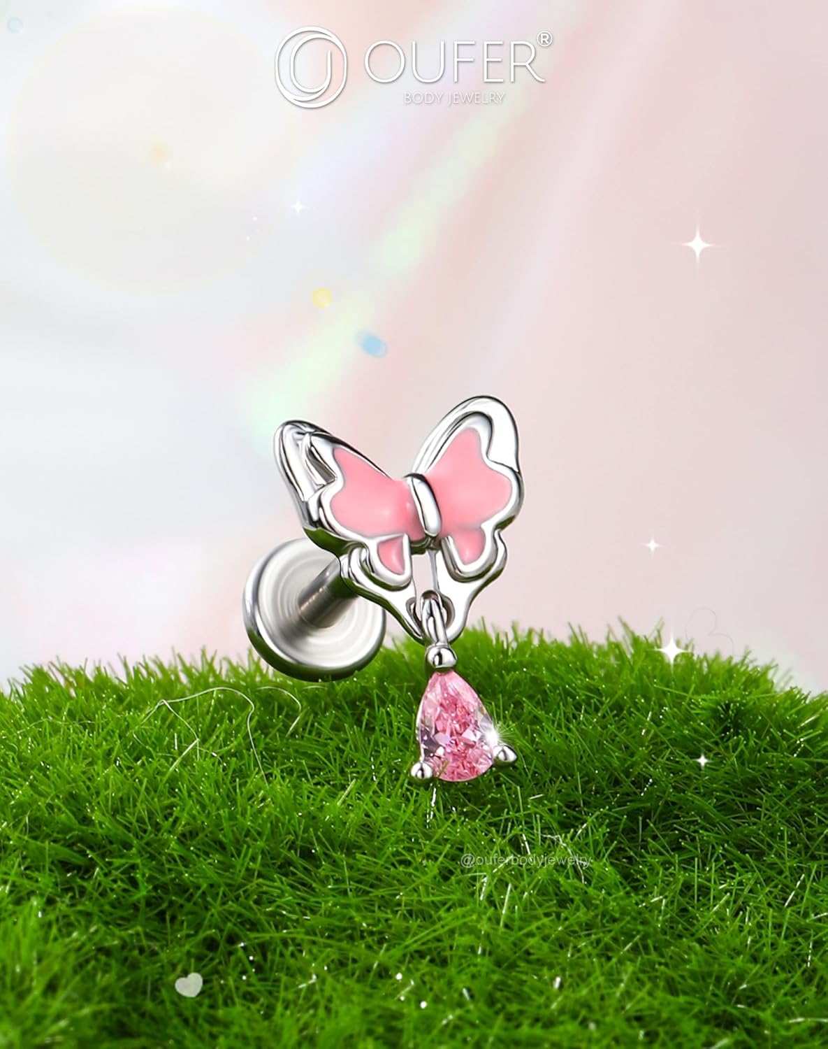 OUFER Pink Dangle Butterfly Cartilage Earrings Studs, Silver 16G Helix Earrings Flat Back Internally Threaded Helix Cartilage Tragus Piercing Jewelry for Women Men-6MM - Image 8