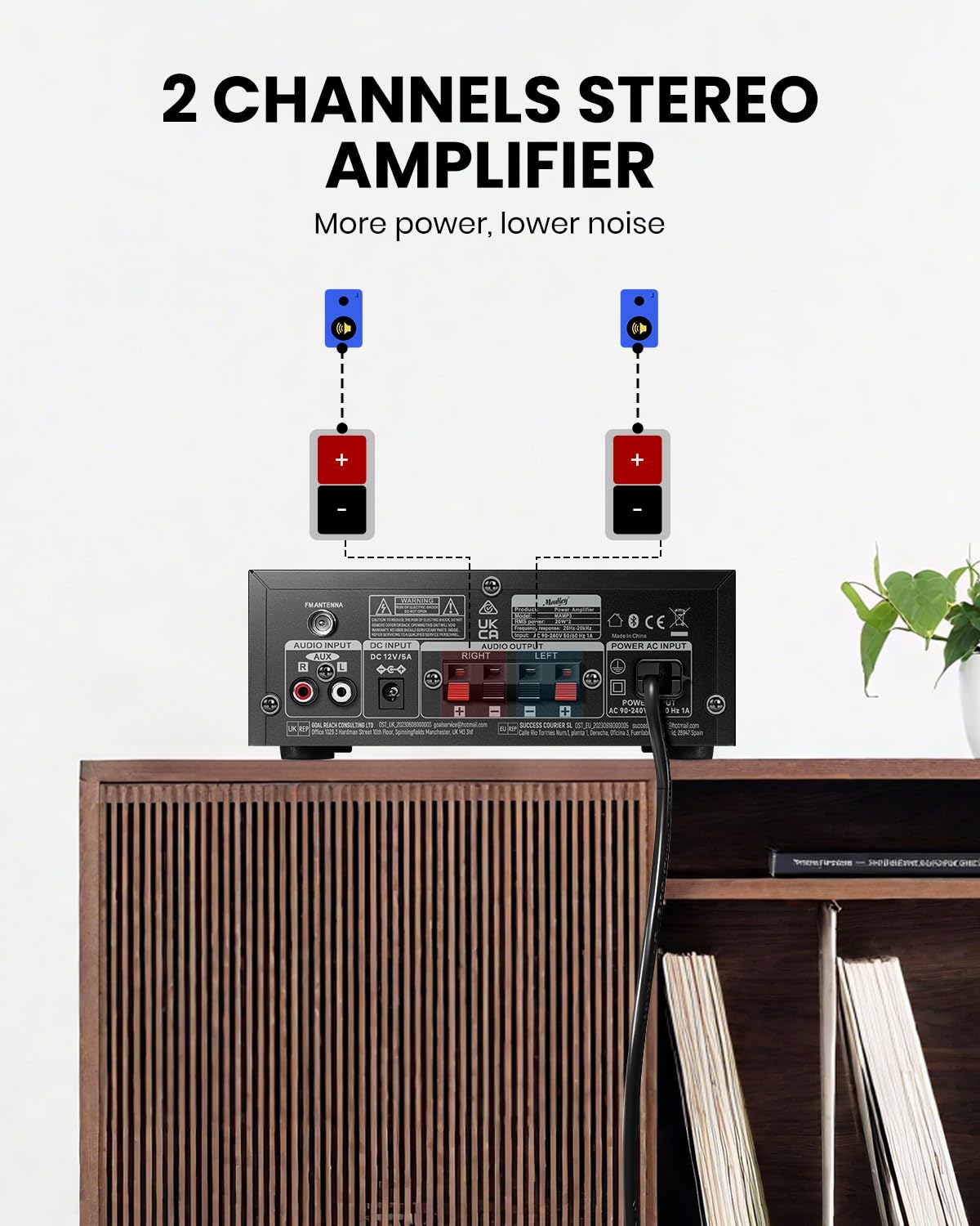 Moukey Wzmacniacz audio 2.0-kanałowy odbiornik stereo z Bluetooth 5.3, pilot z pełną funkcjonalnością, FM, RCA, USB, 2 wejścia mikrofonowe, moc szczytowa 300 W, do karaoke, garażu, kina domowego