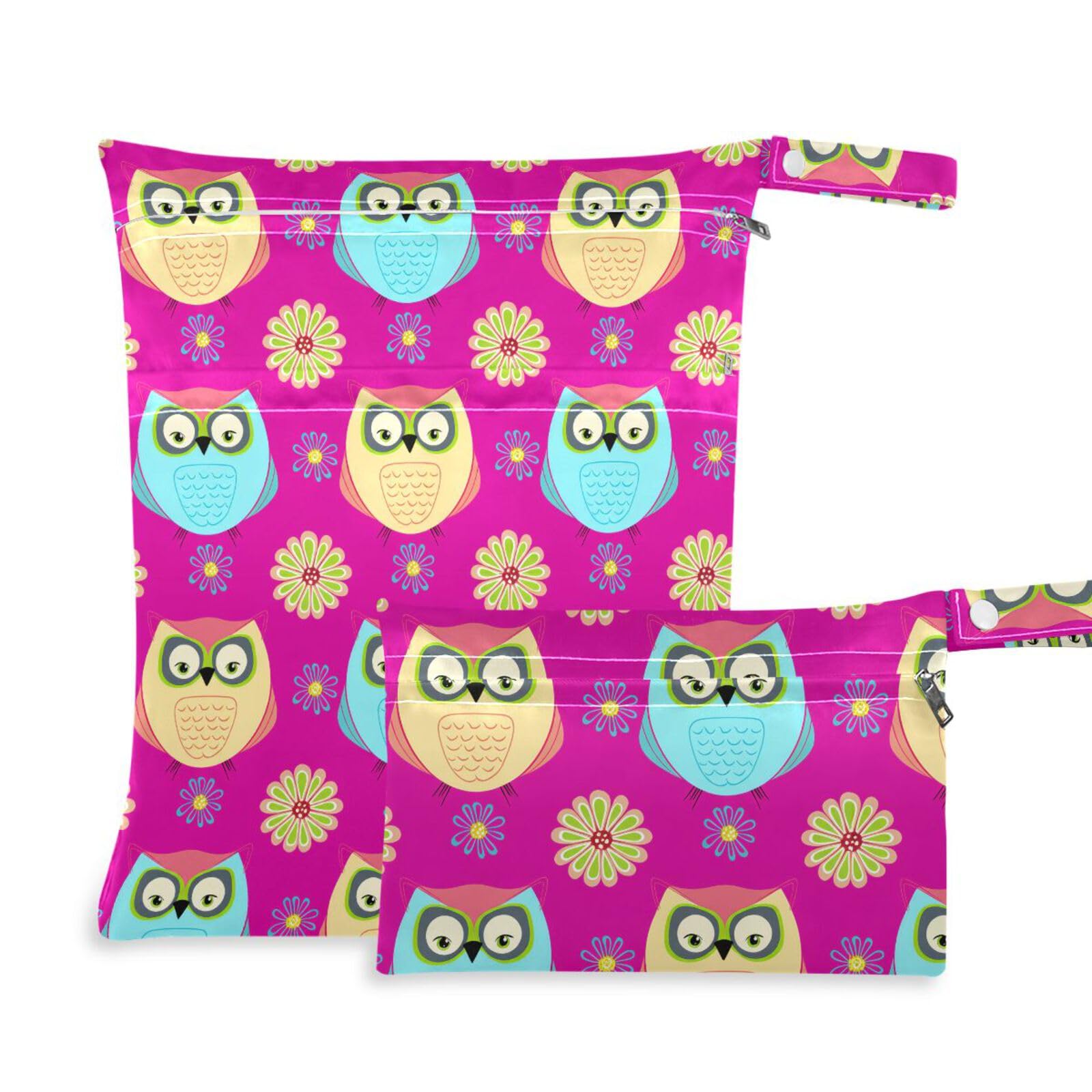 Coikll Wet Dry Bags for Cloth Diaper 2 Pack Waterproof Yoga Gym Bag for Swimsuit Wet Clothes Baby Items-?Colorful Owls?