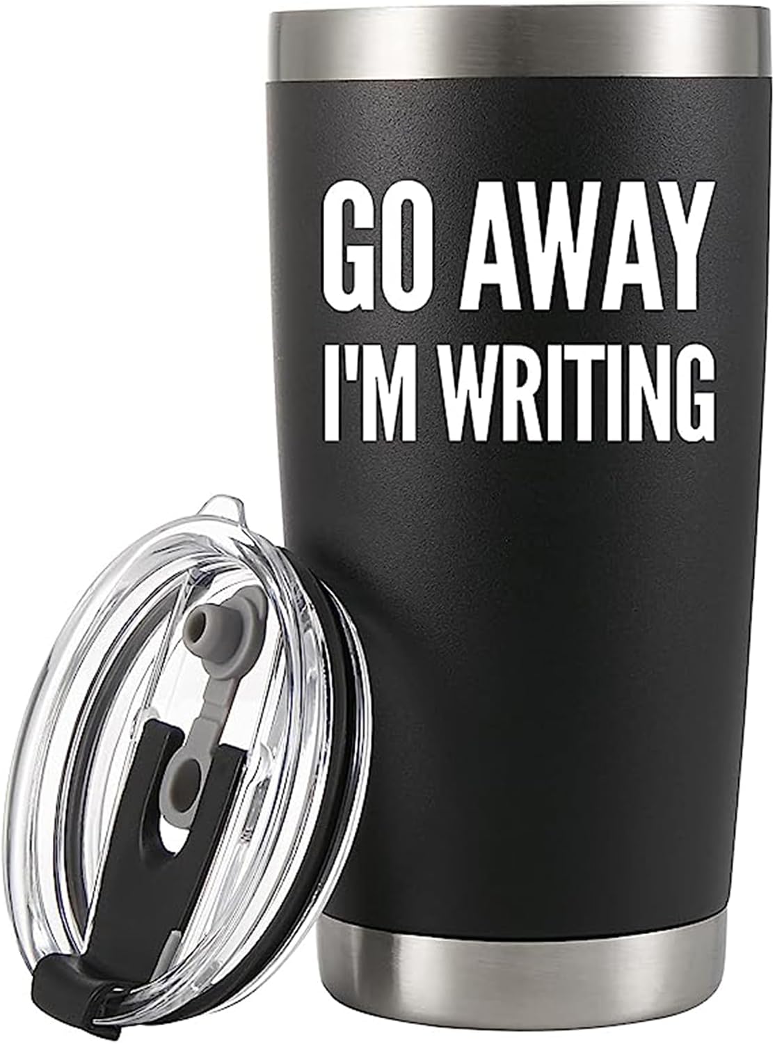 Panvola Go Away, I'm Writing Vacuum Insulated Tumbler Writer Gifts Sarcastic Funny Author Novelist Poet Scriptwriter Journalist Drinkware 304 Stainless Steel Travel Mug With Straw (20 oz)