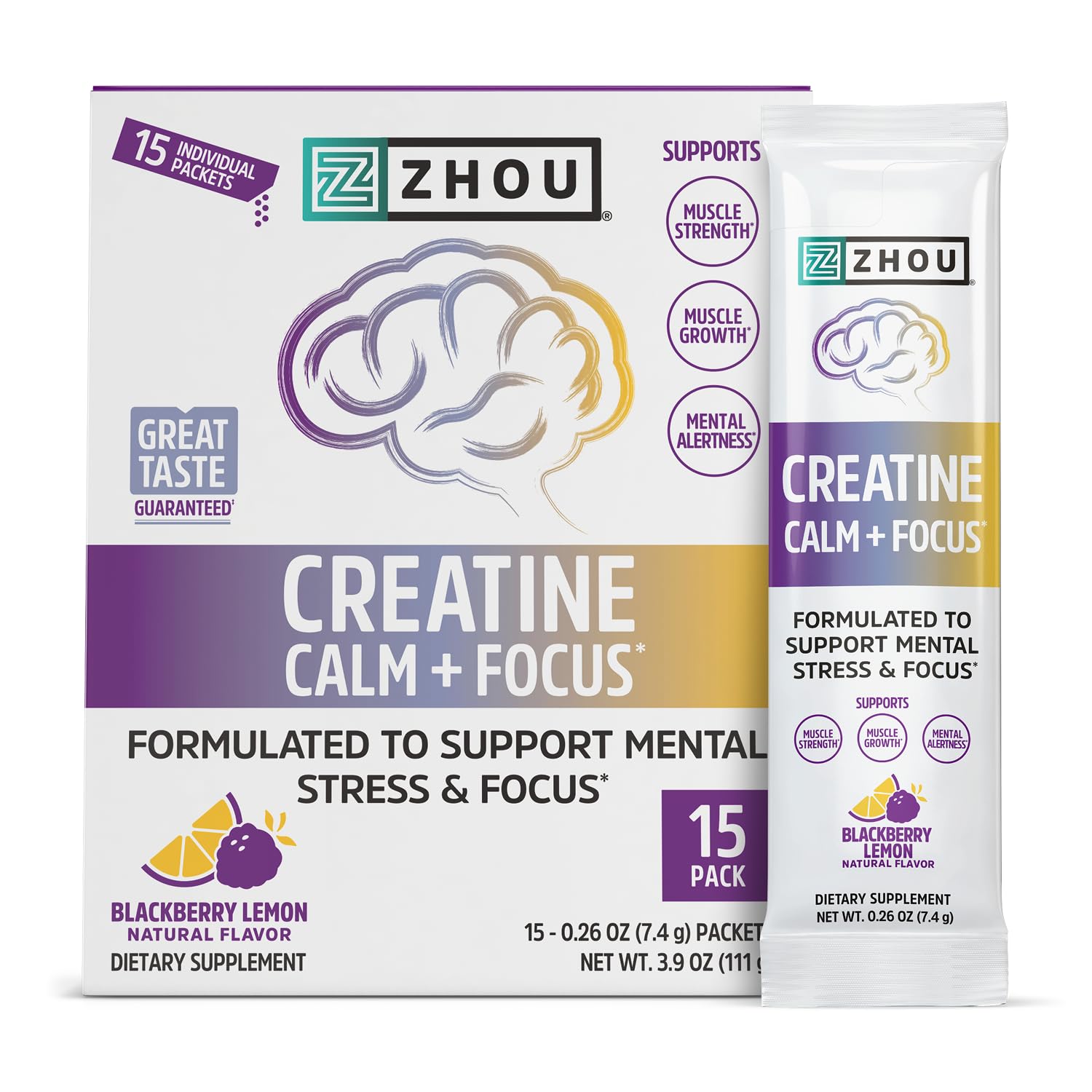 ZHOU Creatine Powder Calm and Focus Stick Packs - Creatine Monohydrate Powder w/Cognizin, Korean Ginseng - Muscle, Cognitive Energy, Mental Stress Support - BlackBerry Lemon Flavor - Vegan, 15 Sticks