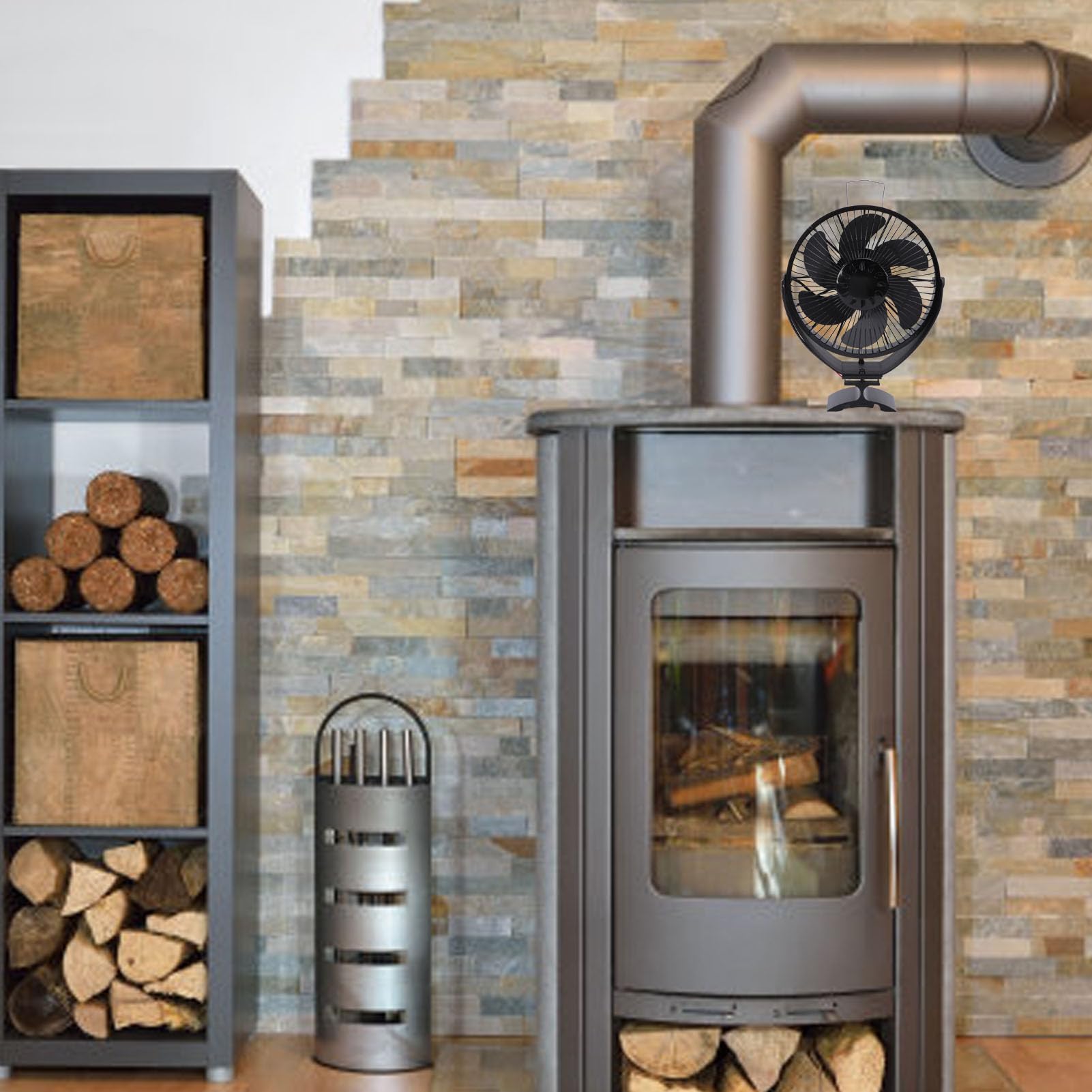 Aramox Ventilatore per Stufa a Legna Alimentato a Calore, Ventilatore per Camino, Regolabile, con Copertura Protettiva, Supporto a Parete Indipendente
