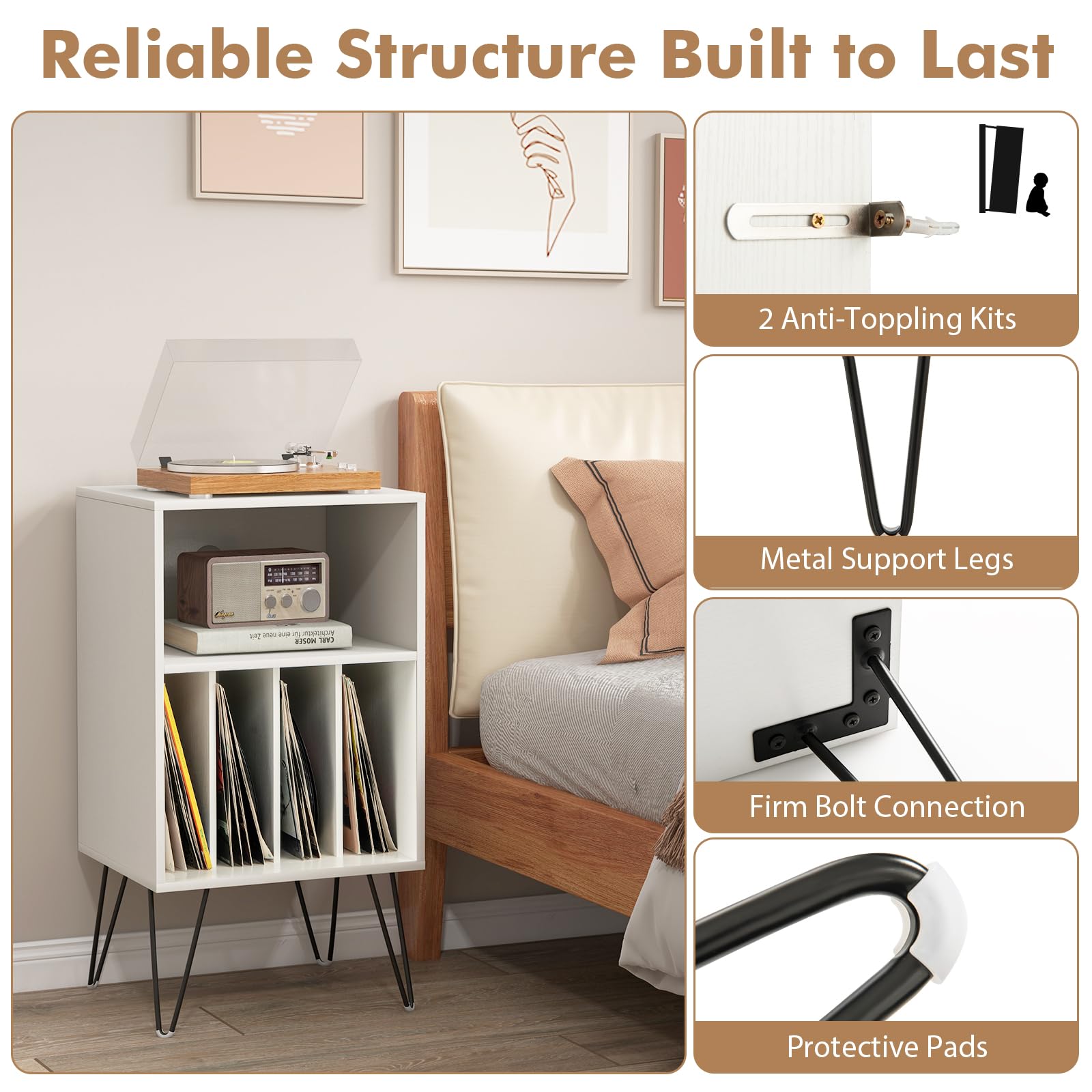 KOMFOTTEU Mesa Auxiliar con Estación de Carga, Soporte para Discos con 2 Enchufes, 1 Puerto USB y 1 Tipo C, Mesita de Noche de Madera con Compartimentos Abiertos, 48 x 40 x 88 cm (Blanco)