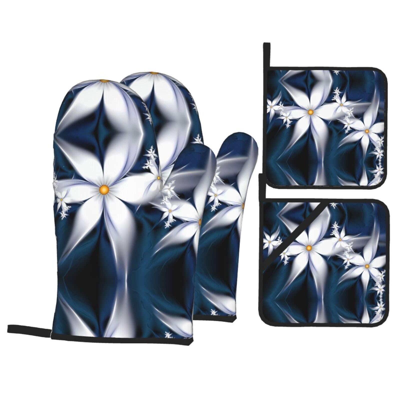 WHJSSF Artistic Daisy Floral Prints Kitchen Baking Set - 4-Piece Heat Protection Layers with Waterproof Potholders for Oven, Grill & Serving