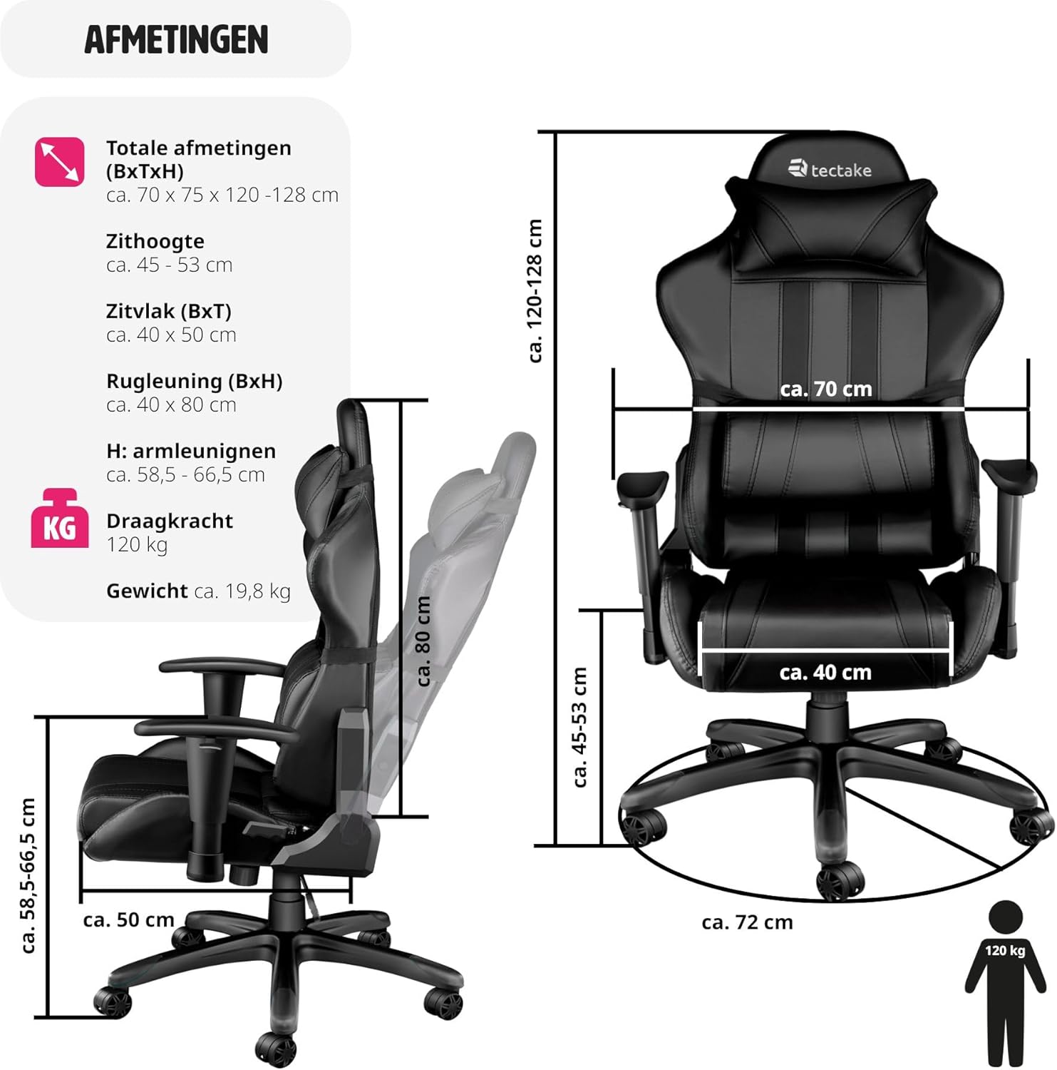 Tectake Gaming Office Chair dimensions diagram