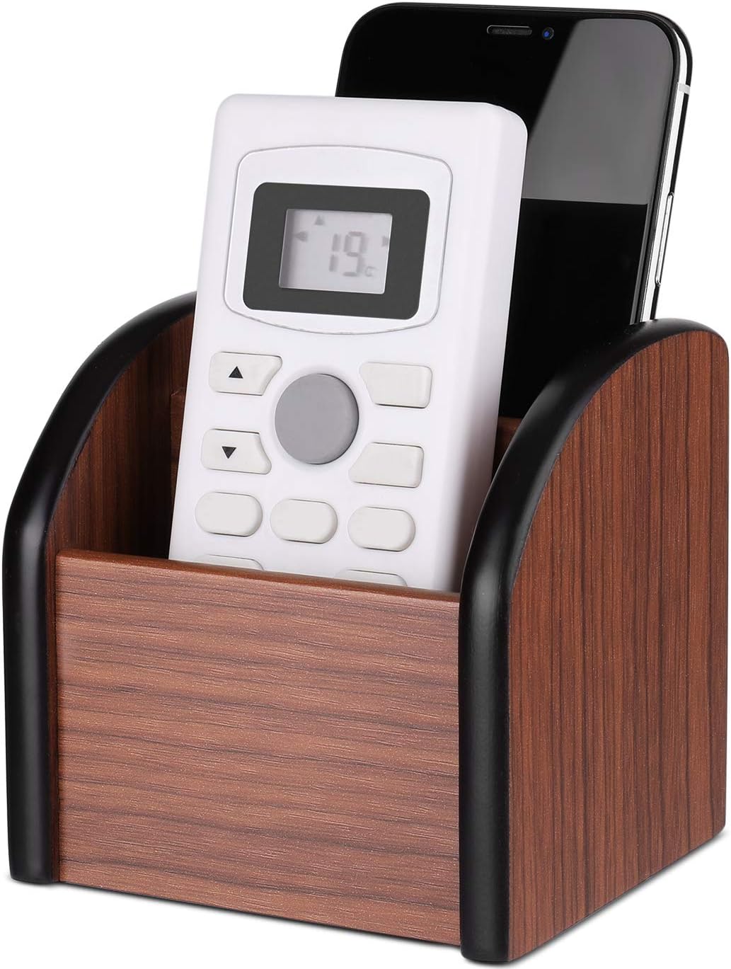 Flexzion Remote Control Holder Wooden Desktop Organizer 2 Compartment Wood Box TV Control Table Storage Caddy for Desk, Kitchen, Office Pencil Supplies, Coffee Table, Cherry Brown