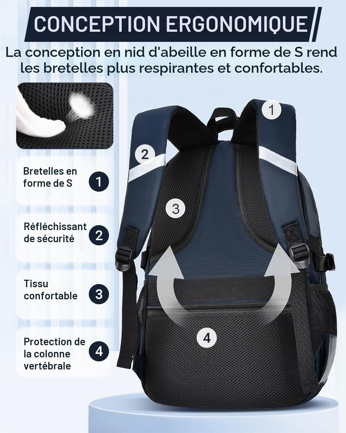 Amythe Sac Ecole pour Adolescent Enfants, Cartable Garcon Primaire Grande Capacité Loisir Sac à Dos pc Portable Imperméable, Sacs D'école Mode Idéal pour L'école et Les Voyages, Bleu foncé