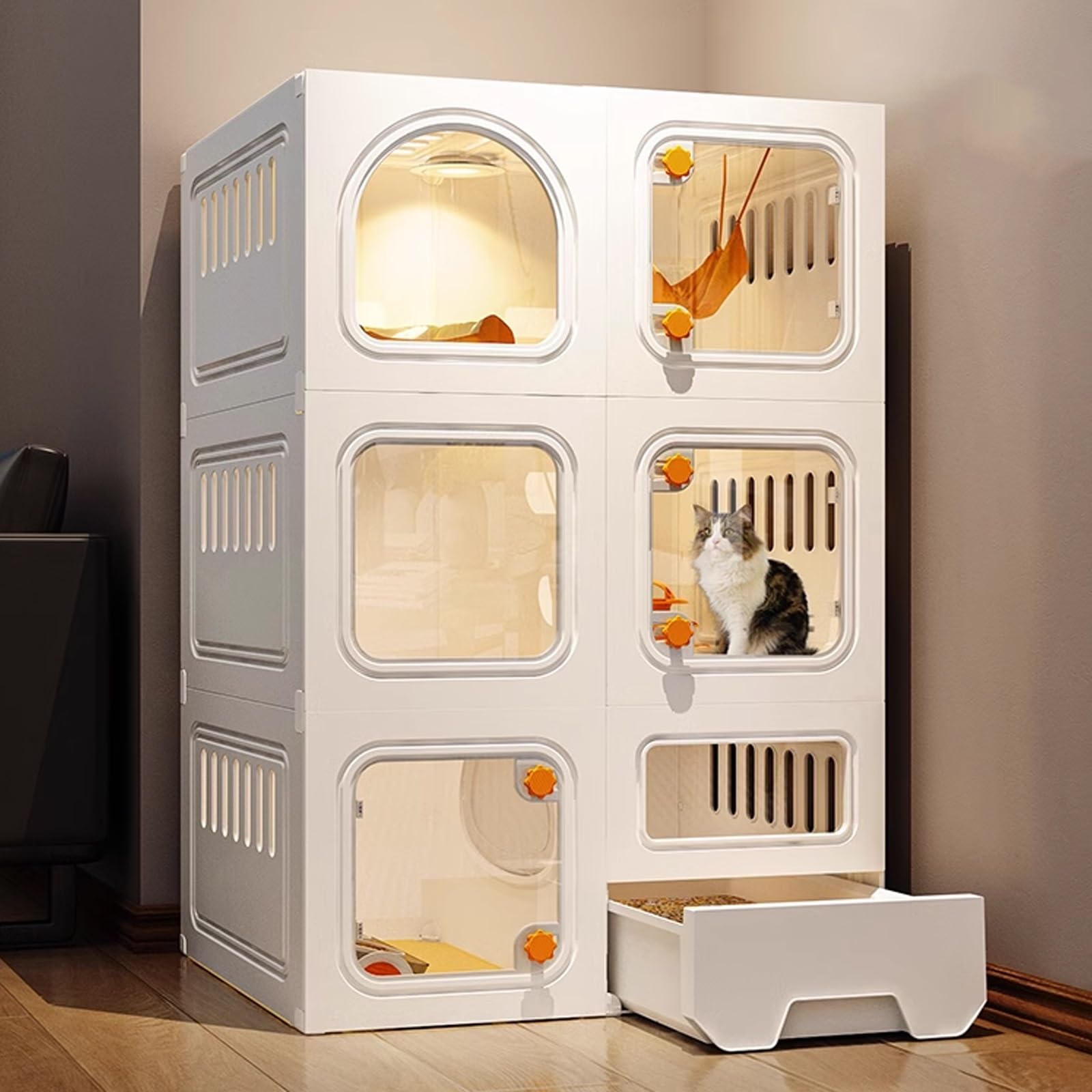 TRUNXUCL Indoor Cat Cages - 3-Tier Kennel with Litter Box, DIY Resin Plastic Villa and Playpen, Easy to Assemble, Detachable Exercise Place for 1-2 Cats (Color: Bi)