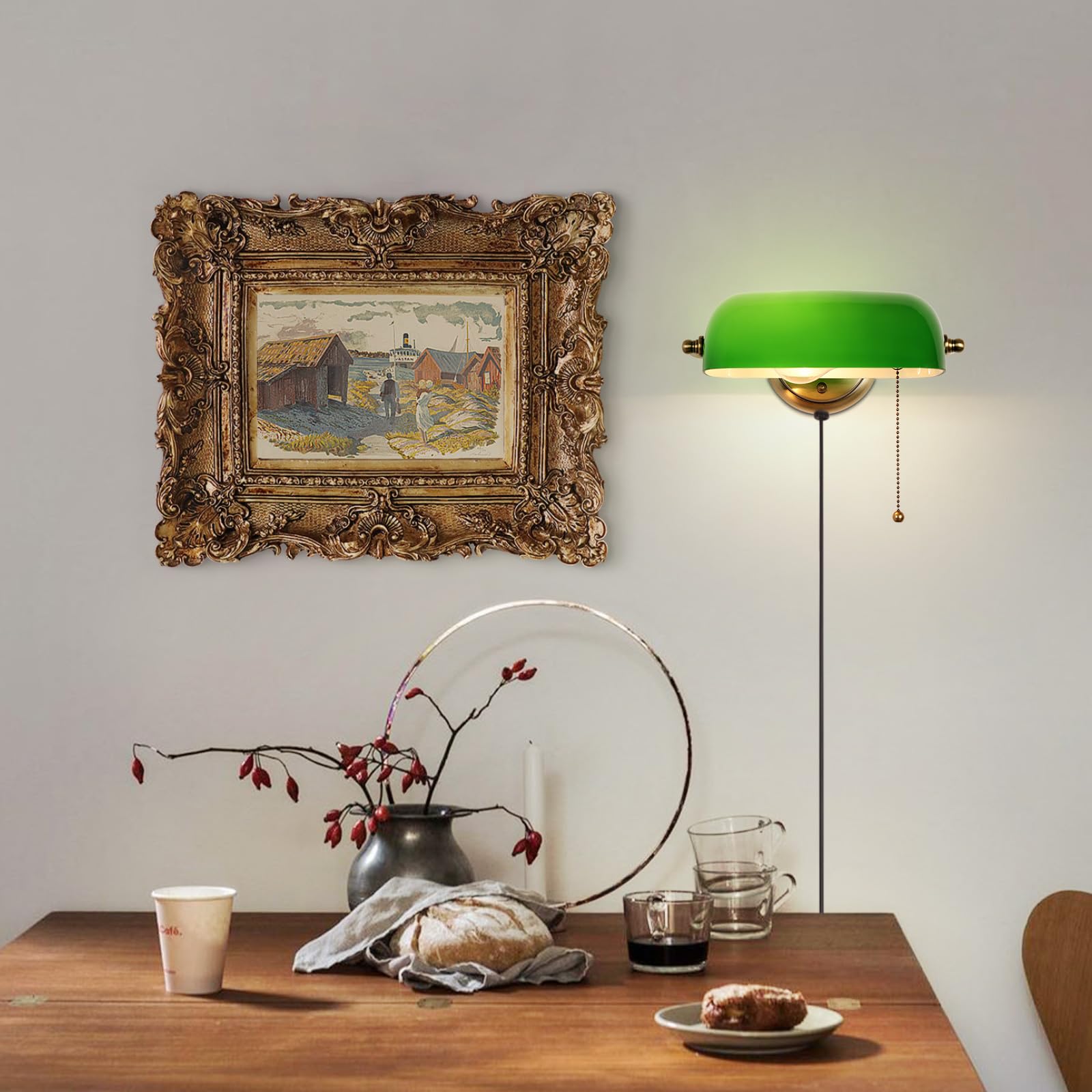 FIRVRE Grün Glas Bankers Wandleuchten Traditionelle Europäische Vintage Klassische Wandlampe mit Verstellbarem Lampenschirm und Plug in Schalter für Schlafzimmer Flur Bibliothek