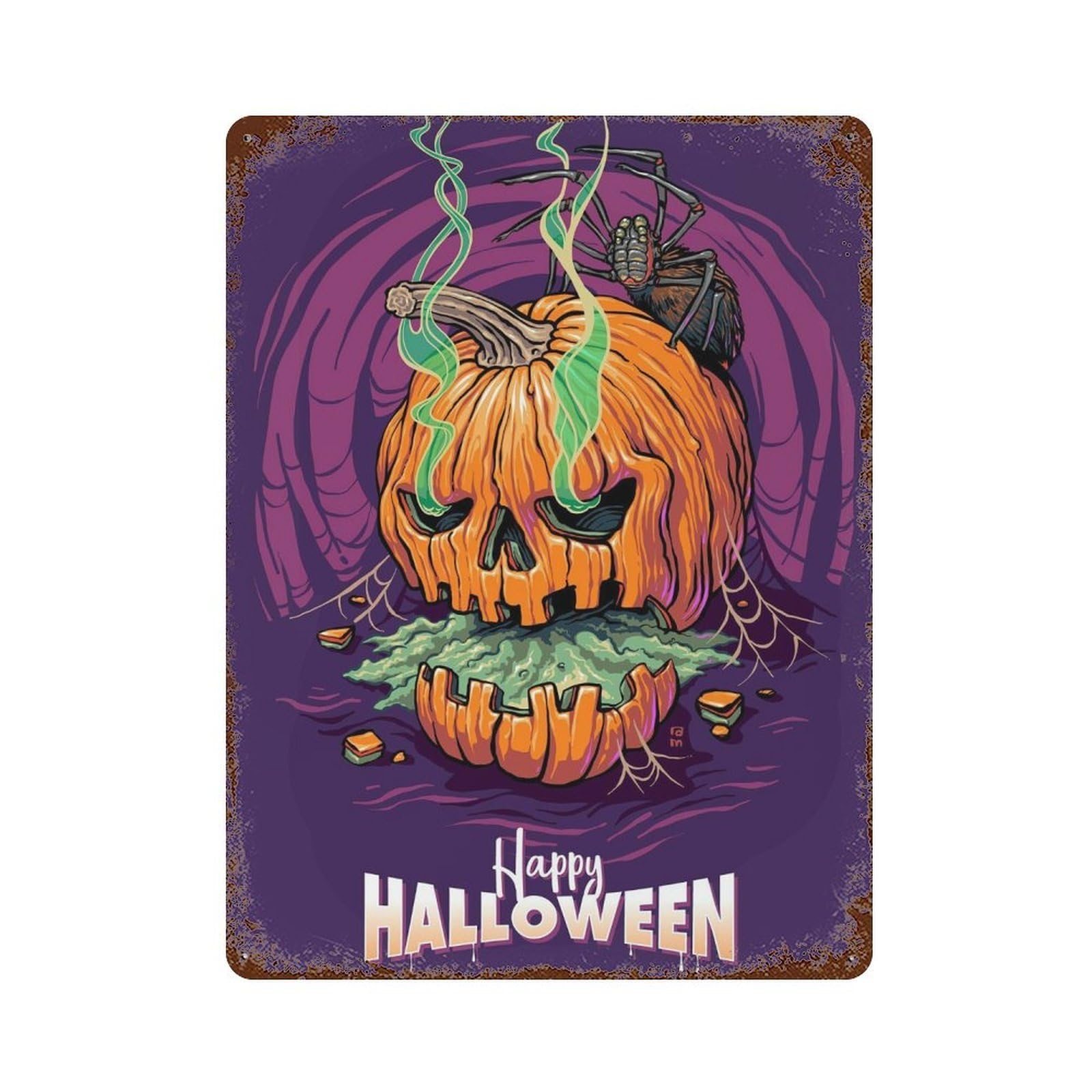 Spooky Halloween Pumpkin Artwork Rust Effect Tin Sign 15.7"x11.8", Novelty Wall Decor for Patio, Garden Room And Bar Decor