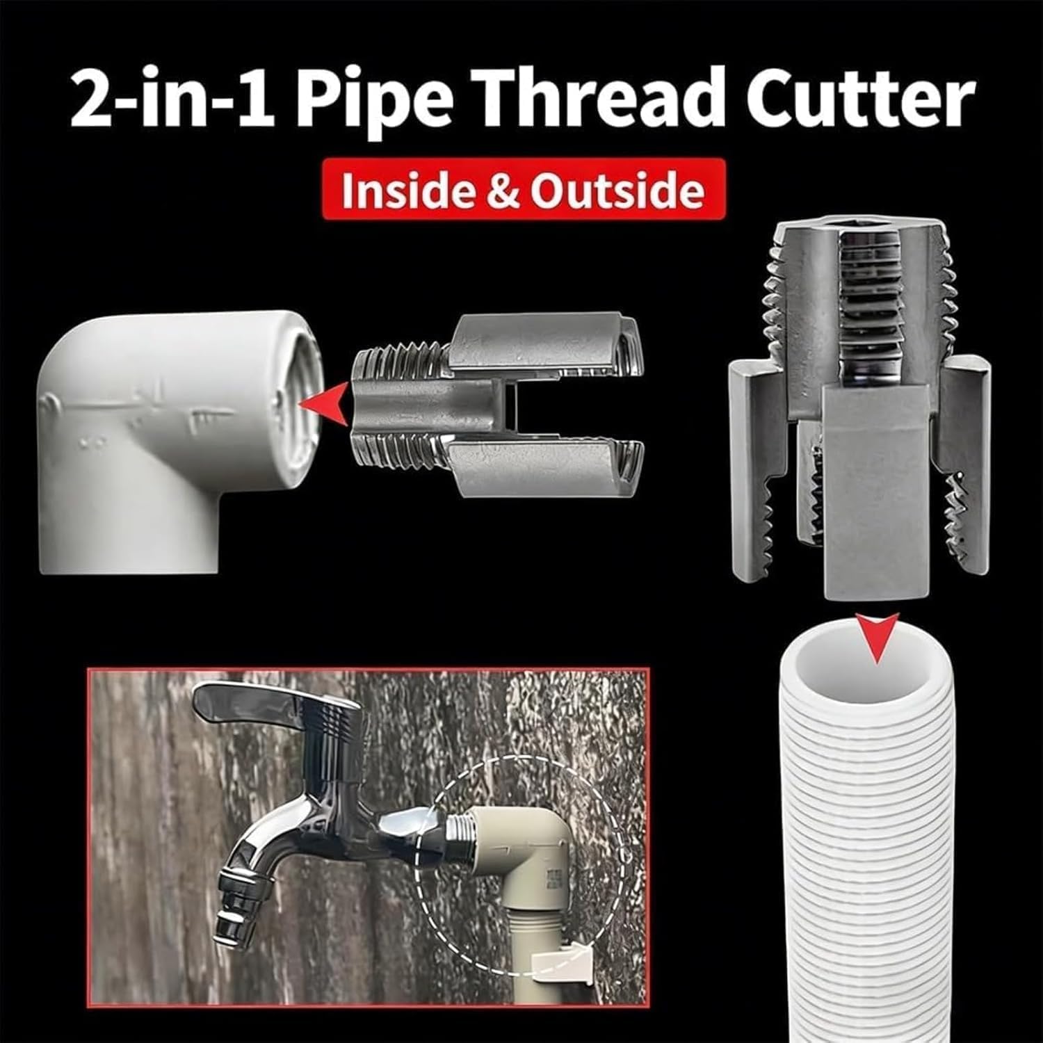 4 in 1 Water Pipe Wrench, Universal 4 in 1 Water Pipe Threader Set, 1/2'' 3/4''Pipes Tapping and Threading Tool Fits All Threads,Opener Compatible Electric Drill (1/2"+3/4')