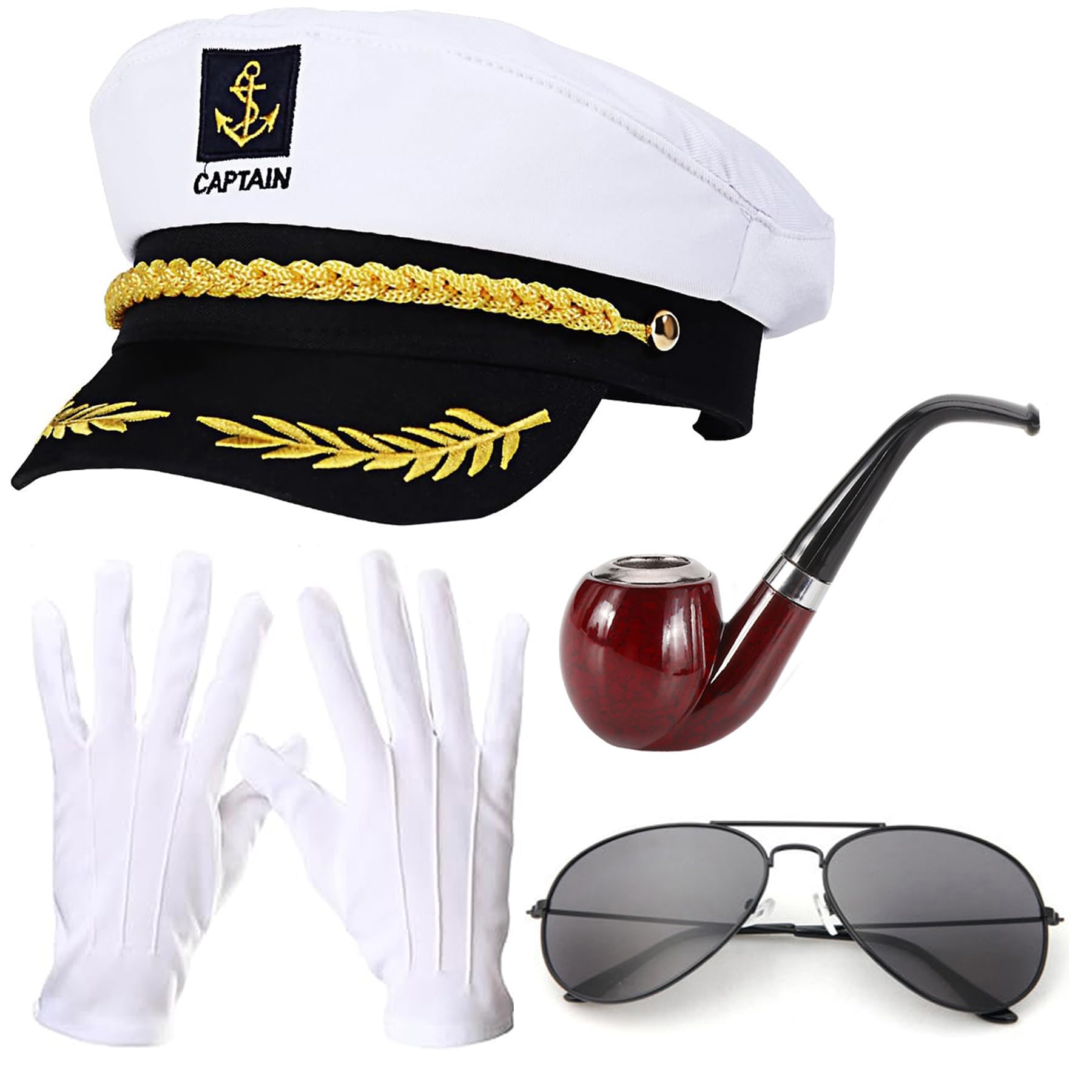 DPLin Yacht Captain Hat Costume with Sunglasses Gloves Sailor Hats Boat Captains Halloween Dressing up Party (4pCS)