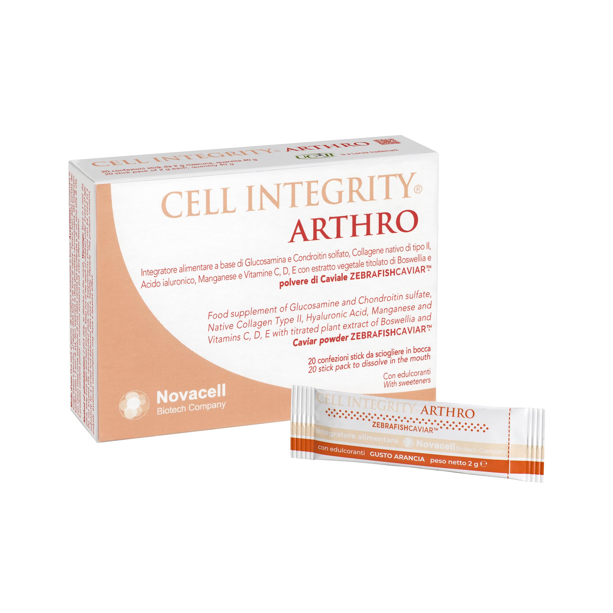 NOVACELL BIOTECH – Cell Integrity Arthro con Glucosamina, Condroitina, Collagene II, Acido Ialuronico – Supporto Articolare e Osseo – 20 Sticks