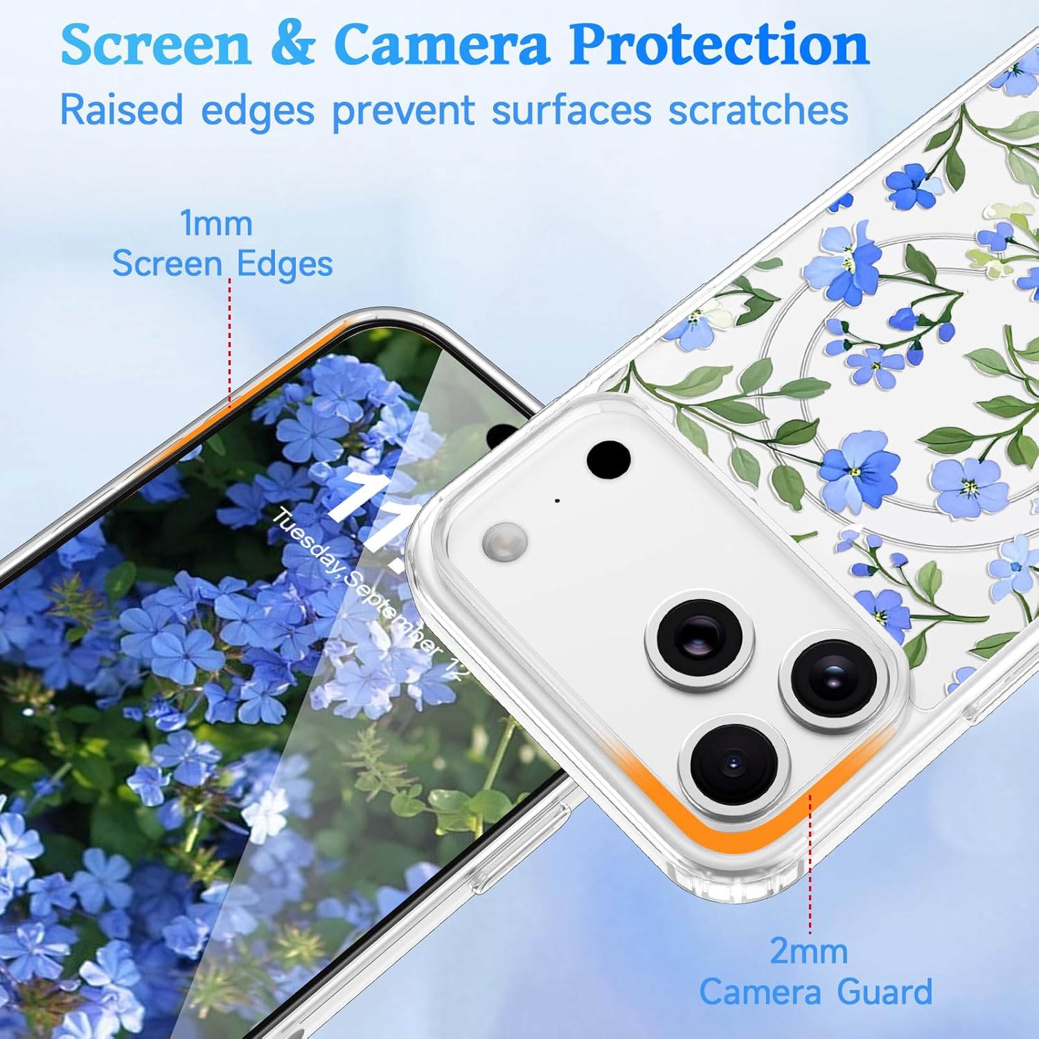 EYZUTAK Magnetic for iPhone 17 Pro Max Case Flower Case Compatible with MagSafe, Pretty Floral Stylish Aesthetic Phone Cover Slim Clear Anti-Yellowing Protective Cover for Girls Women - Blue - Image 4