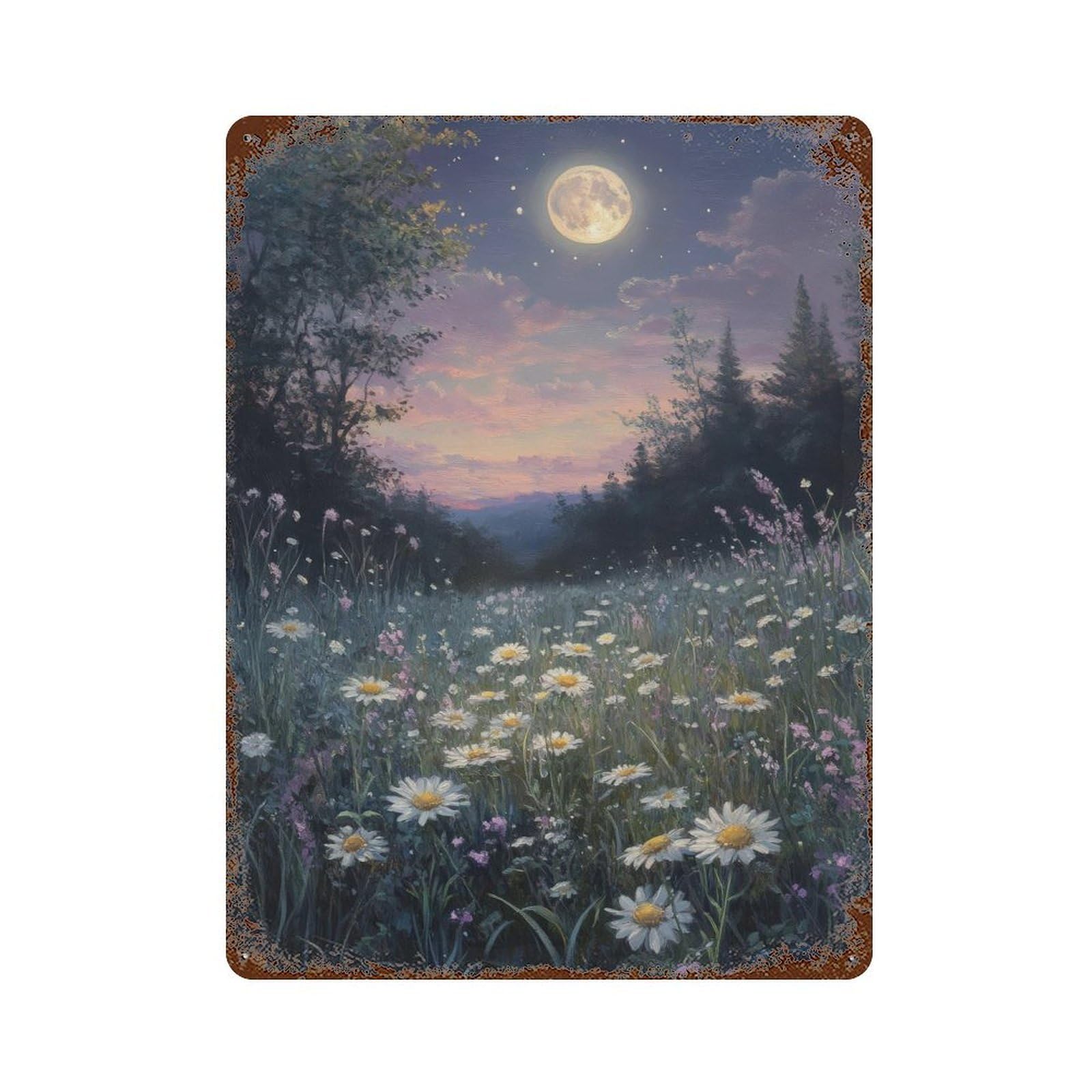 Moonlight Meadow Cottagecore Decor Dark Academia Enchanted Landscape Illustration Vintage Night Scene Rustic Aesthetic Wall Decor Art Metal Tin Poster Modern Home Decor Art Home Bar Shop Decorations