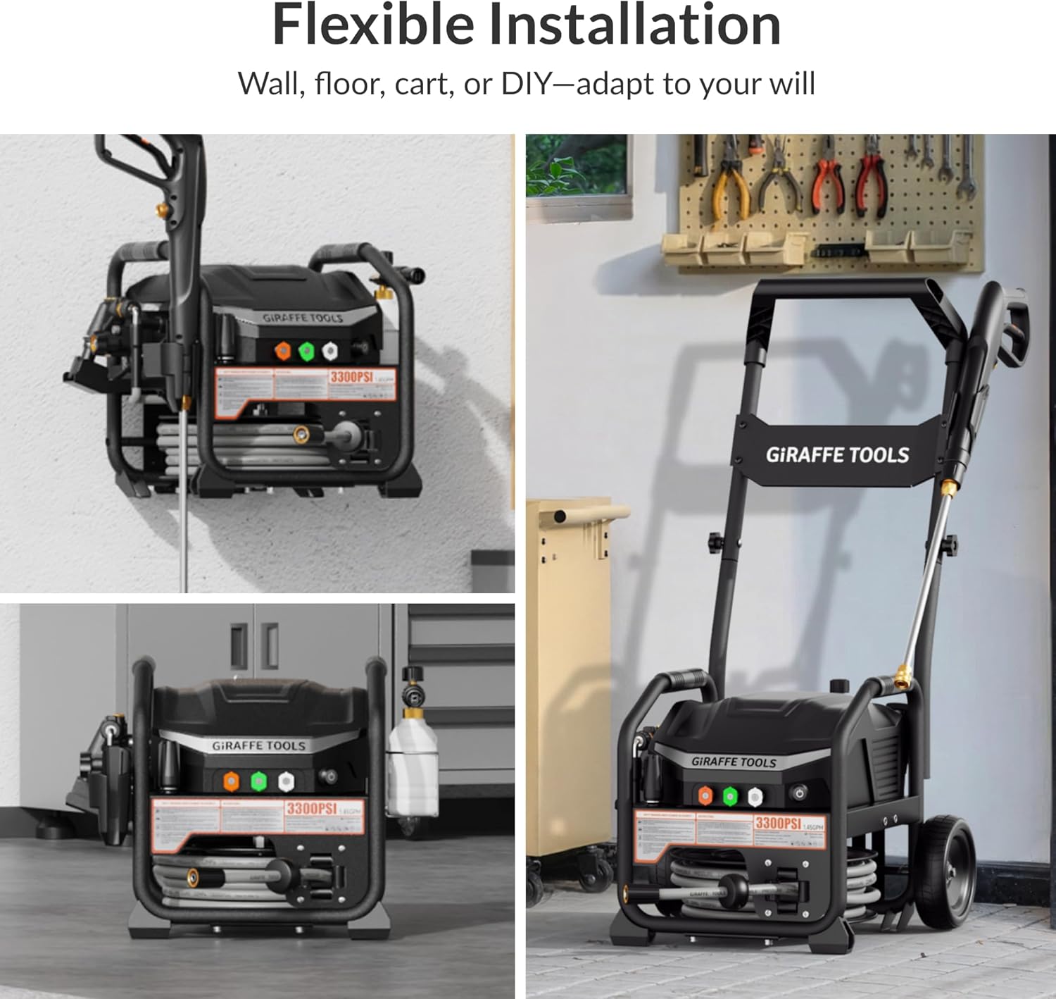 Giraffe Tools Crossfalls Retractable Pressure Washer Max, 3300PSI, 1.45GPM, 1800W Induction Motor, Wall Mounted Electric Power Washer with 50ft Pressure Hose, 4-Nozzles, Foam Cannon, Automatic Rewind