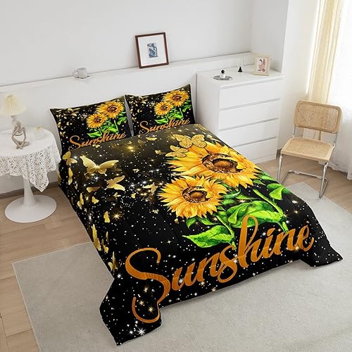 Miniatura 2 de Erosebridal Juego de ropa de cama con diseño de girasoles, galaxia y mariposas, tamaño matrimonial, para niñas y mujeres, patrón de hojas verdes y