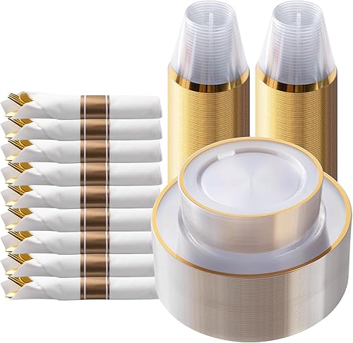 Miniatura 11 de Goodluck Juego de 350 piezas de vajilla de plástico negro para fiesta, platos desechables transparentes para 50 invitados, incluye: 50 platos de