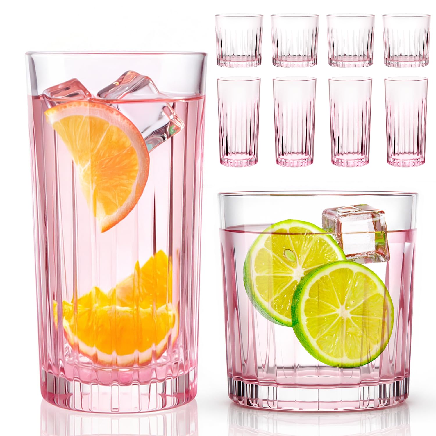 Laerjin Drinking Glasses Set of 8 12 oz Highball Glasses 10 oz Cocktail Glasses Set Glassware Drinking Glasses