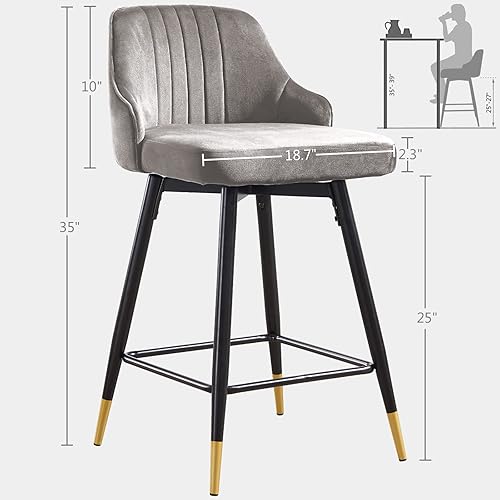 Miniatura 3 de Juego de 2 taburetes de bar giratorios de altura de mostrador con respaldo bajo y cómodas sillas de bar, sillas de bar de terciopelo, patas de metal