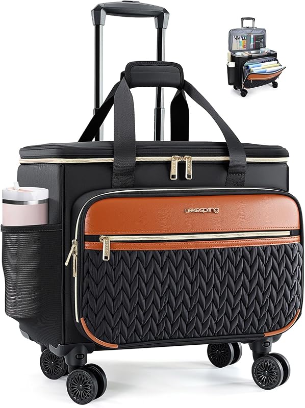 Rolling Teacher Bag with 4-Wheels 360° Spinner, Hardside Large | Laptop Rolling Briefcase for Women Teacher Office Craft Nurse, Roller Tote Work Bag with Accordion File, Quilted Black Brown