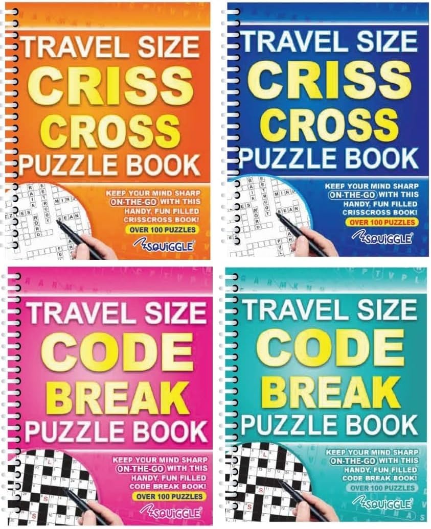 Youngland Travel Size A5 Puzzle Book Set of 4, Sudoku, Crossword & Word Search Puzzle Books, 100 Puzzles per Book with Solutions, Portable Spiral Bound Brain Games for Travel, Holidays & Home