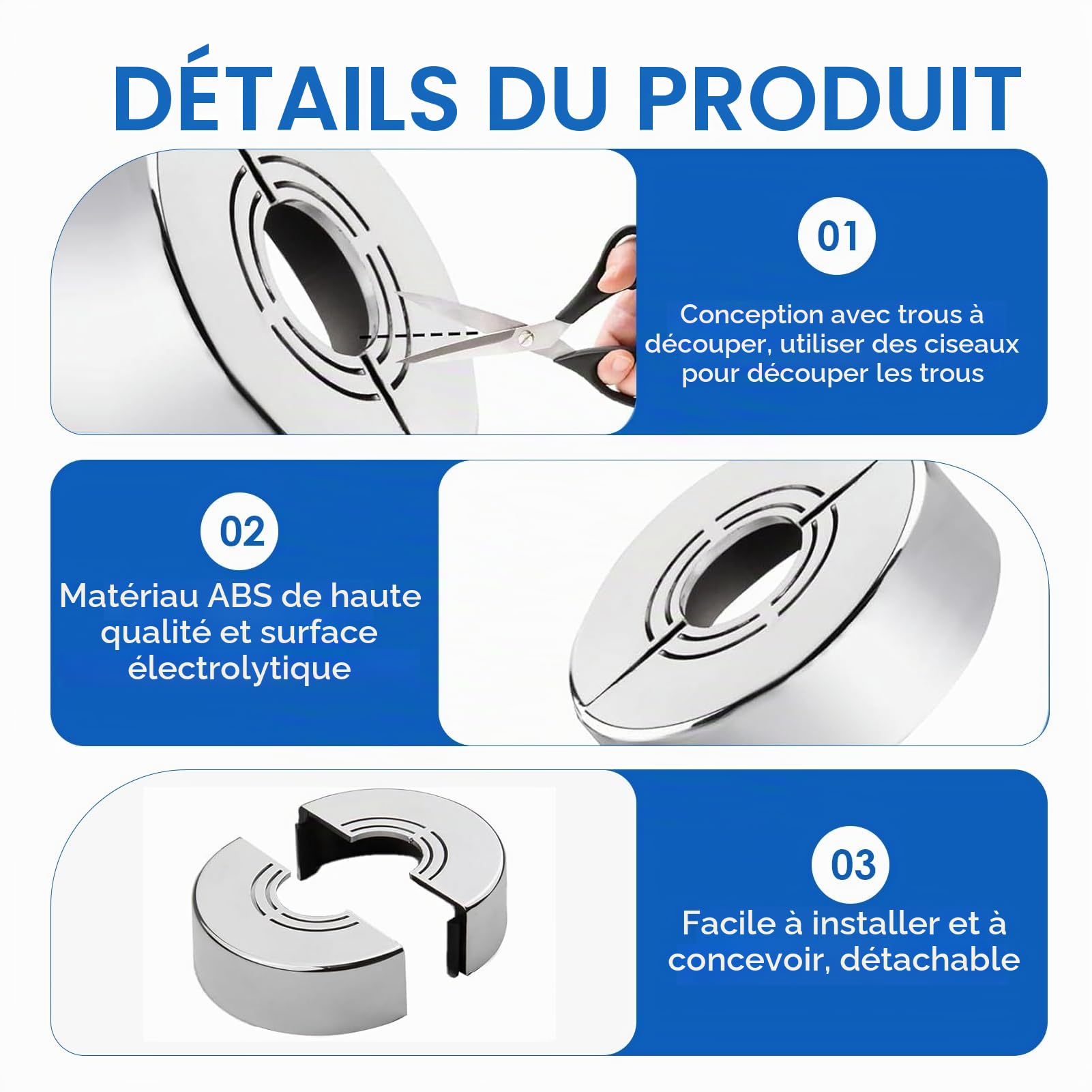 Lot de 4 Rosace Mitigeur Douche 3 Tailles en 1, Cache Tuyau Ø20/Ø25/Ø33 mm, Rosace Robinet Divisée pour Raccords de Plomberie, Accessoire Pratique pour Salle de Bain et Cuisine