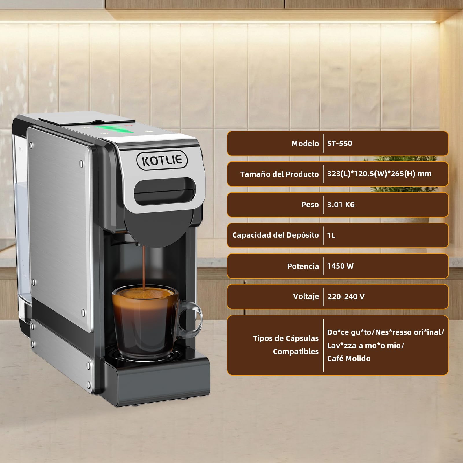 4 en 1 Máquina de Café en Cápsulas 19BAR para Lavazza MIO/Nespresso Original/Dolce Gusto cápsulas y Café Molido, Máquinas Automáticas de Café Espresso en Cápsulas Pequeñas, 1L, 1450 W
