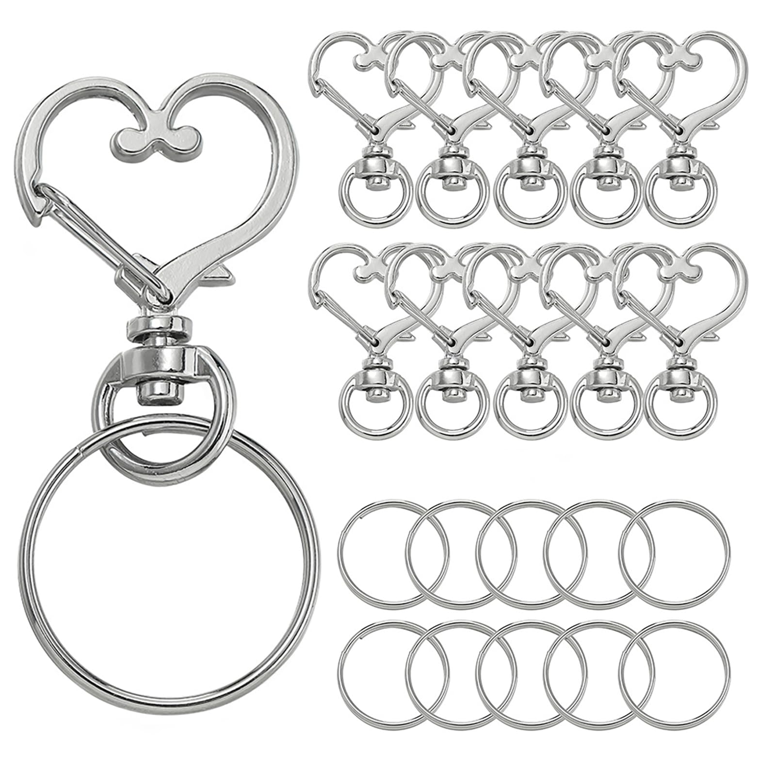 Nurila 20 Stück Schlüsselanhänger selber machen Metall Herz Keychain Set | Schlüsselringe und Karabiner Clips für DIY Anhänger, Taschenclips, Schmuckprojekte und Bastelideen