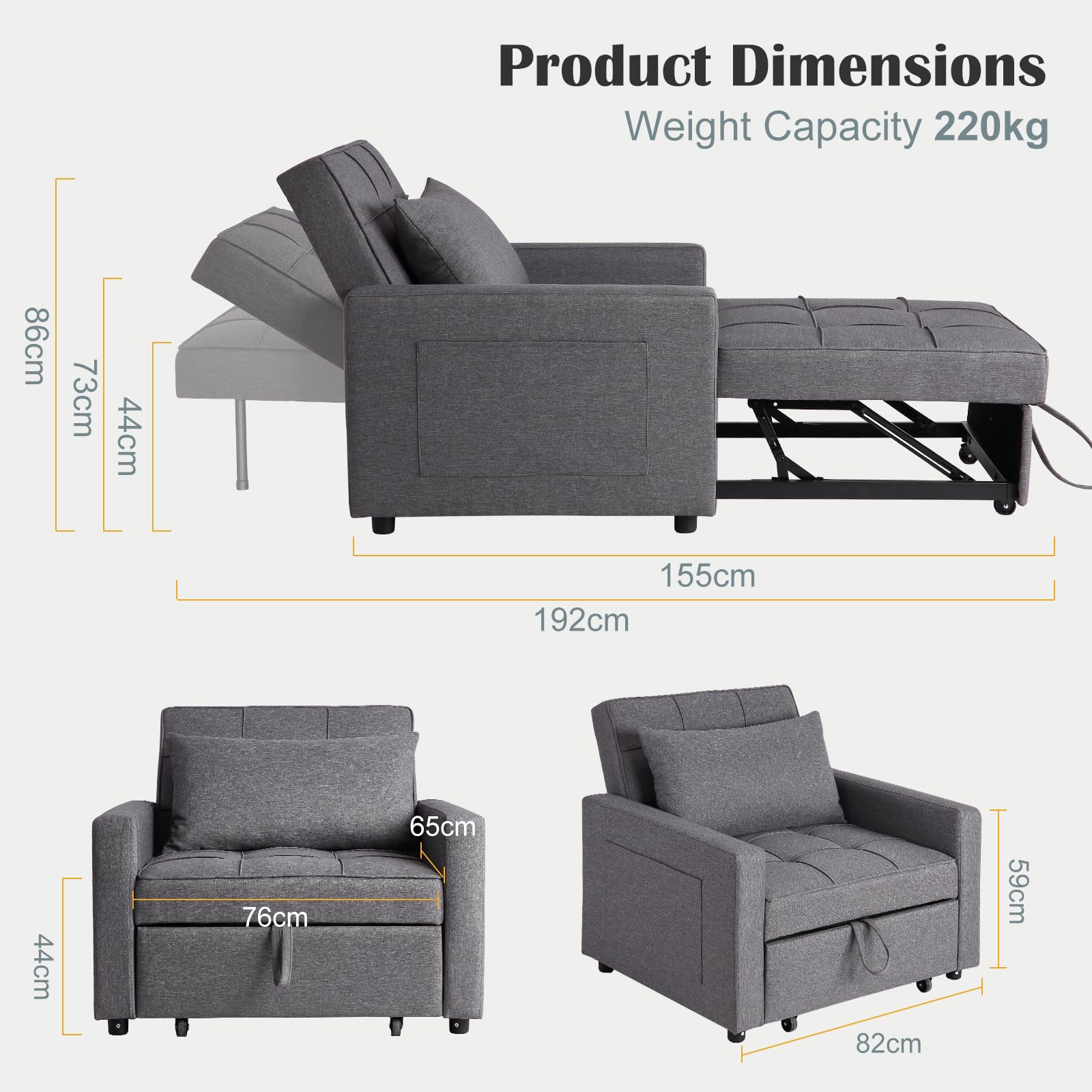 Sofá Cama HAUSPROFI Gris De Terciopelo - Superficie De Descanso 140x200 Cm, Colchón De Espuma Elástica, Funda Extraíble Y Lavable, Incluye 2 Almohadas
