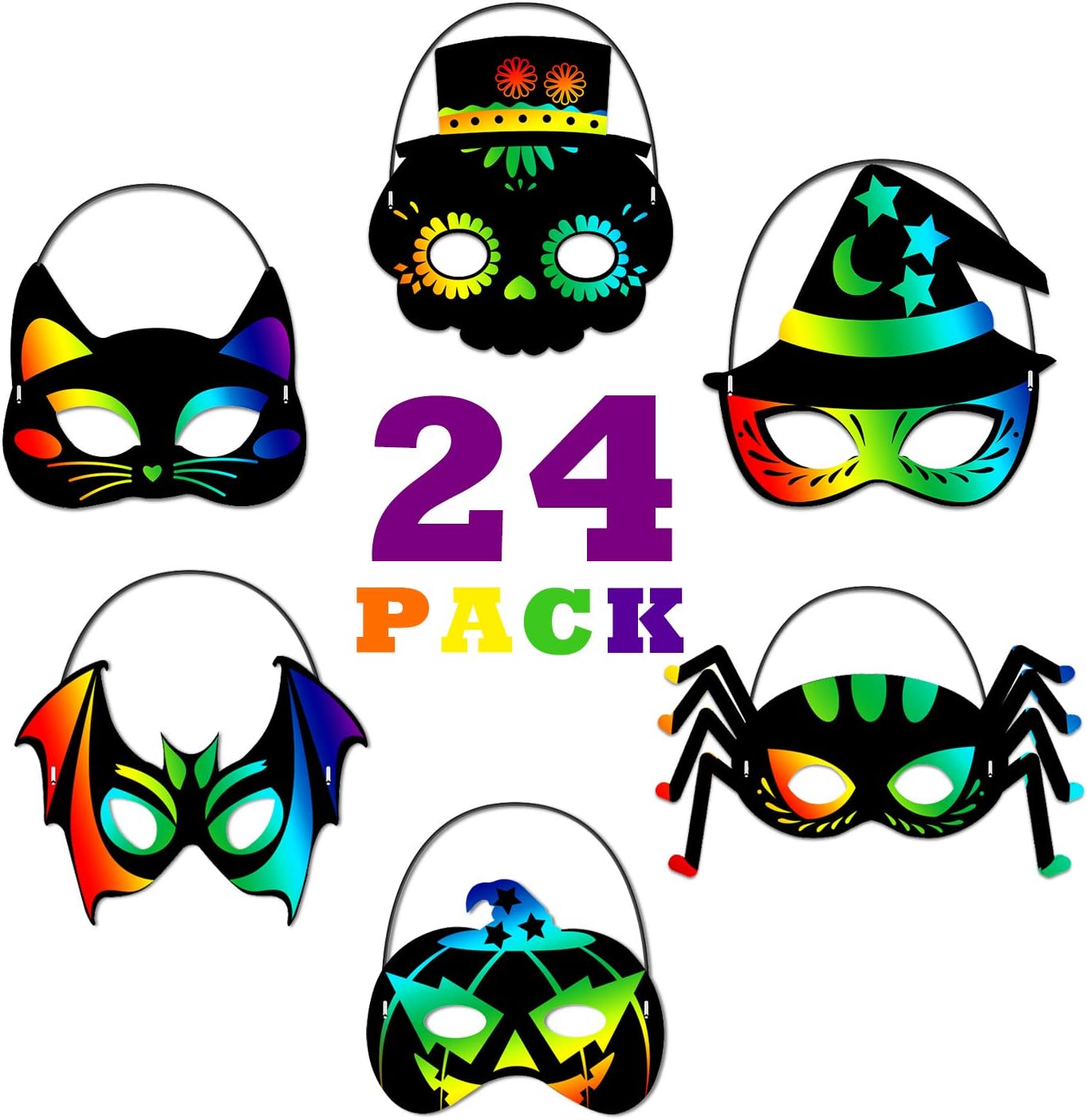 Halloween Party Favors - Halloween Crafts - 24PCS Magic Rainbow Scratch Art Masks Kits Bulk - Skeleton Cat Witch Pumpkin Bat Spider Decorations for Kids Ages 3-5 4-8 Classroom Birthday Party