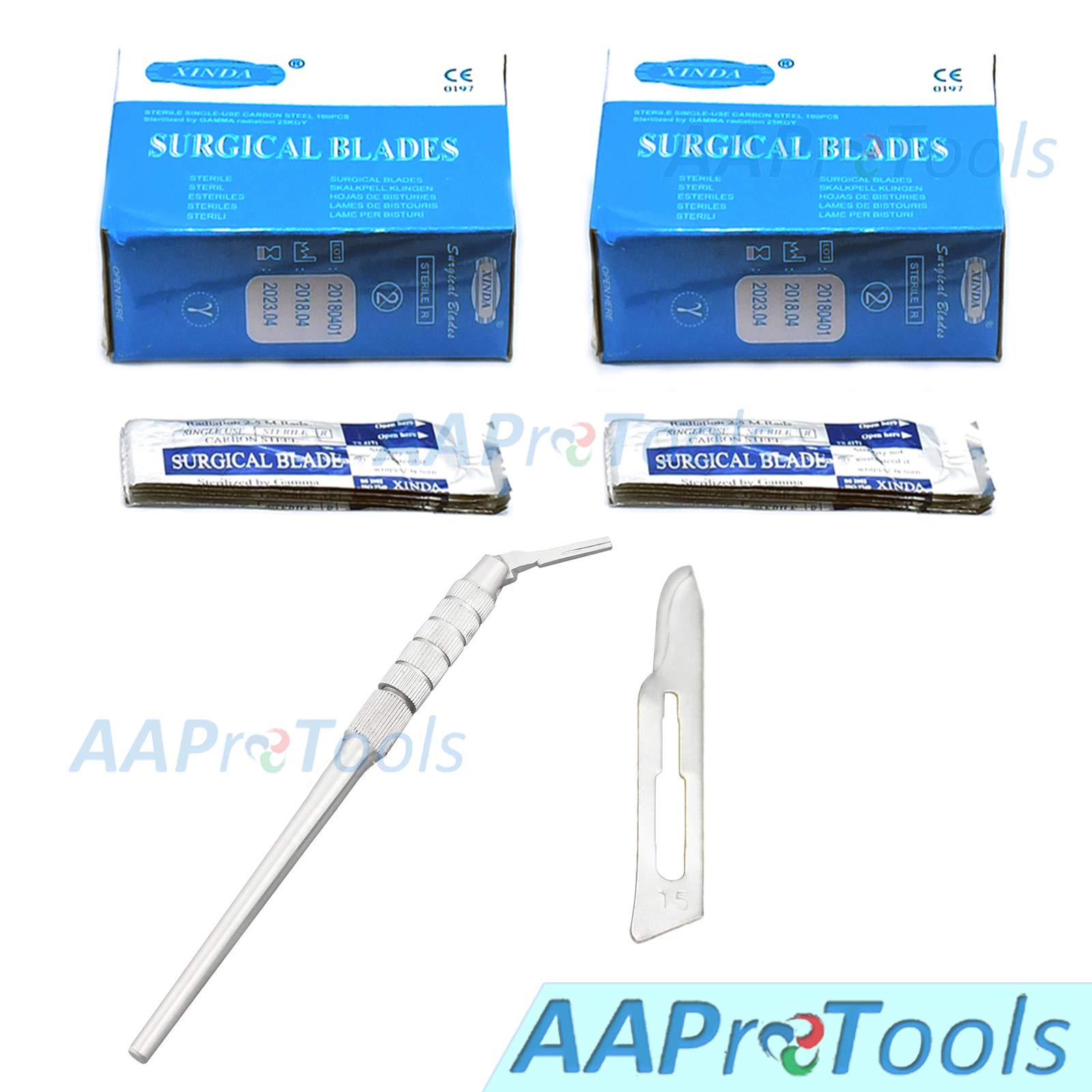AAProTools Round Pattern Adjustable 7 Ways Scalpel Handle #3 + 200 Sterile Surgi Blades #15