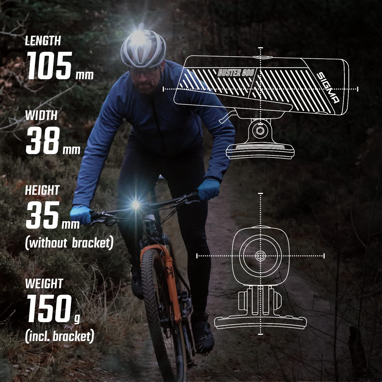 SIGMA - Buster 800 HL | LED Helmlicht 800 Lumen | akkubetriebenes Licht für Fahrradhelm mit fünf Modi-Profilen | Sichere Befestigung am Fahrradhelm | Farbe: Schwarz