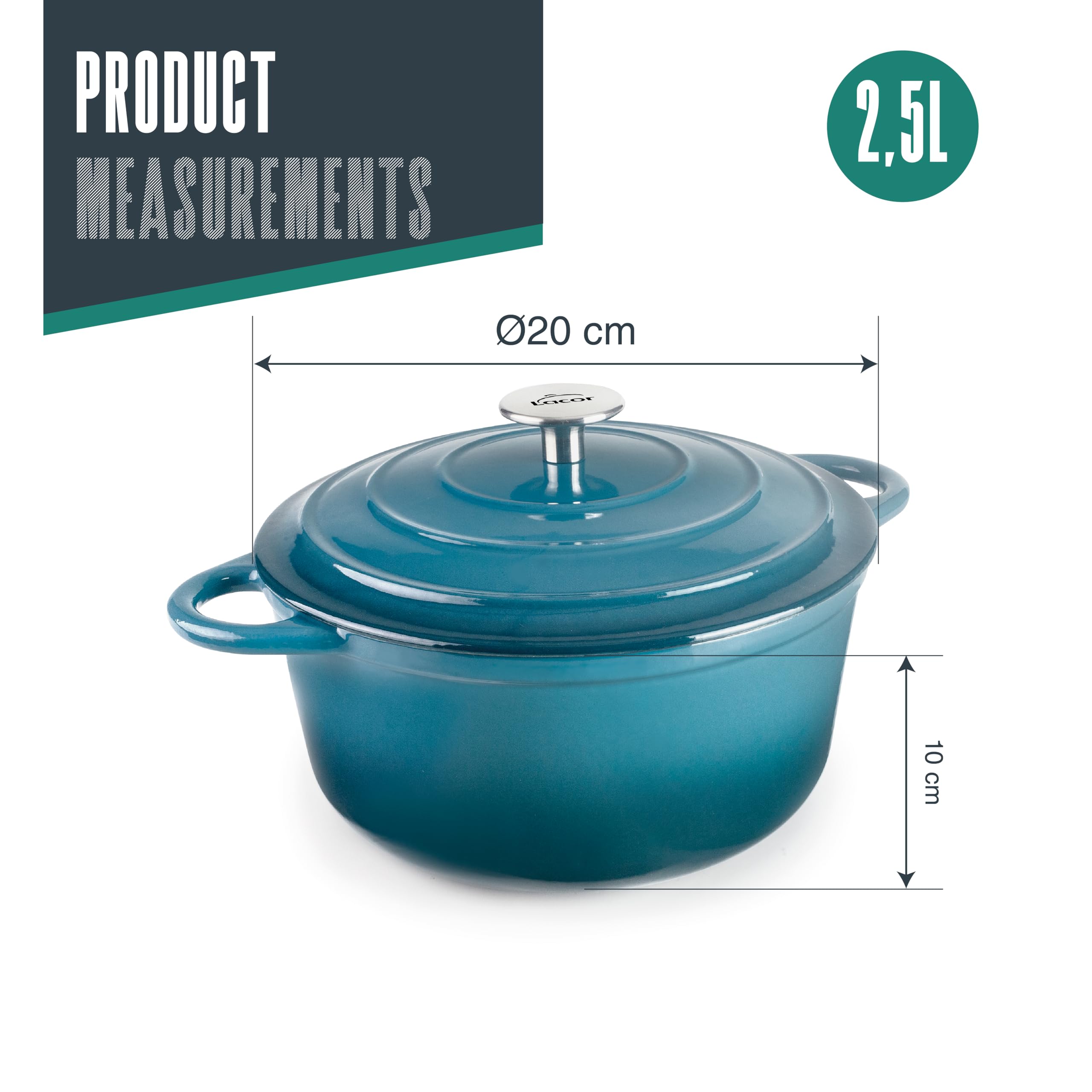 Lacor - 71700 - Casseruola in Ghisa Smaltata, 2,5 Litri, Diametro 20 cm, Tondo Ocean, Cottura Uniforme e Resistente, Adatta per Induzione, Forno e Lavastoviglie