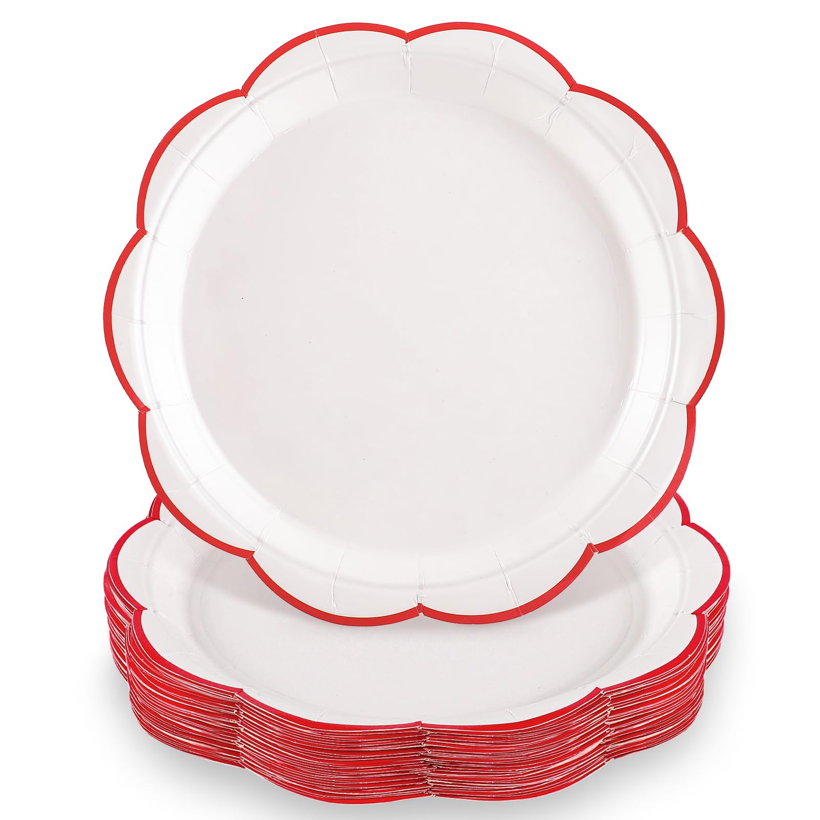 NatNarr 30 Pcs Red and White Paper Plates 9 Inch White Plate with Red Trim