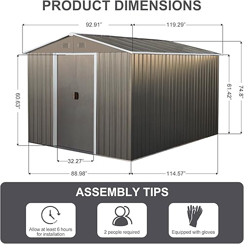 Miniatura 9 de Cobertizo de almacenamiento para exteriores de 9.94 x 7.74 pies, cobertizo de herramientas de acero con puerta y marco de suelo con doble bloqueo,