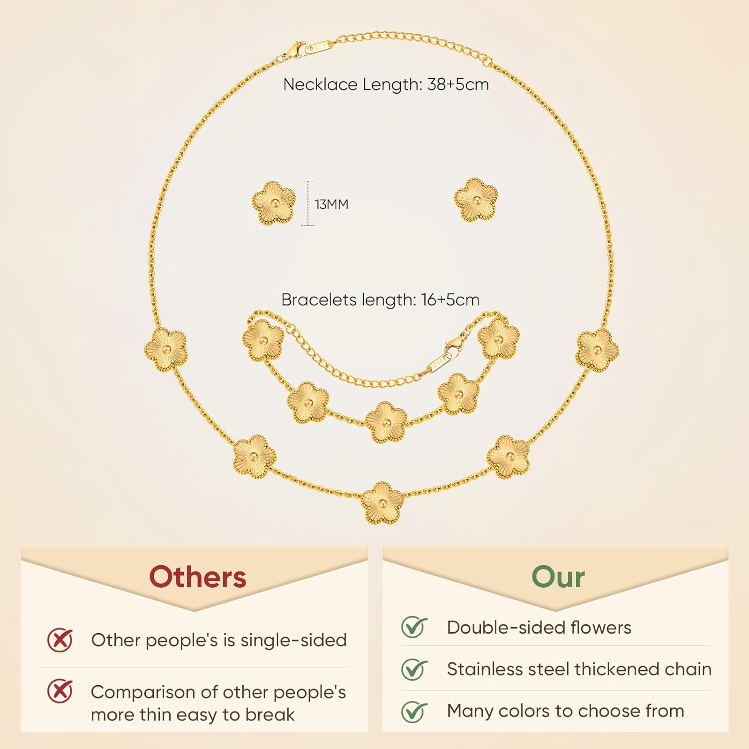 Gold Necklaces Bracelets Earring Set - 18K Gold Plated Flower Bracelet Chain,Stainless Steel Non Tarnish Floral Pendant Stud Jewelry Sets,Christmas Birthday Lucky Gift for Mom Wife Daughter Girlfriend - Image 5