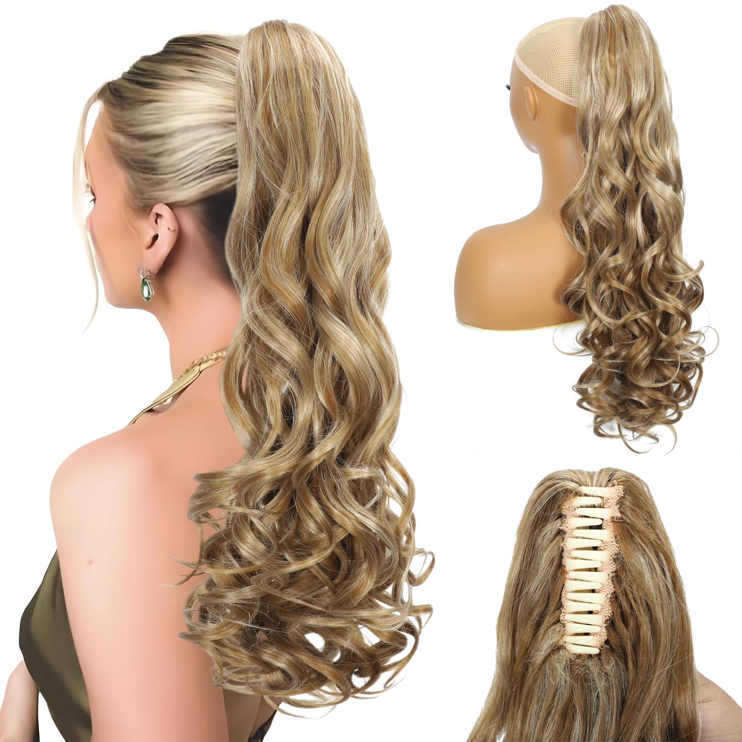 Ponytail Extension 24 Inch Long Curly Wavy Claw Clip in Ponytail Hair Extensions for Women 190g Synthetic Claw Pony Tail Hair Pieces for Women (Medium Blonde with Blonde Highlights#