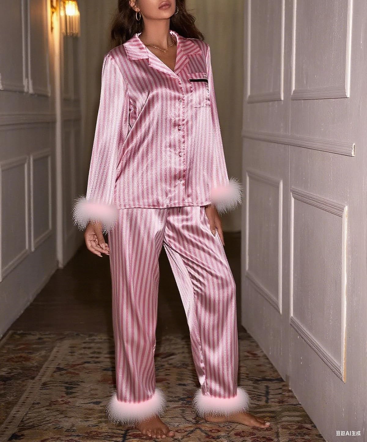 Springcmy Women Christmas Silk Pajamas Set Pjs Satin Long Sleeve Button Down Shirts Pants Feather Trim 2PCS Xmas Loungewear - Image 3